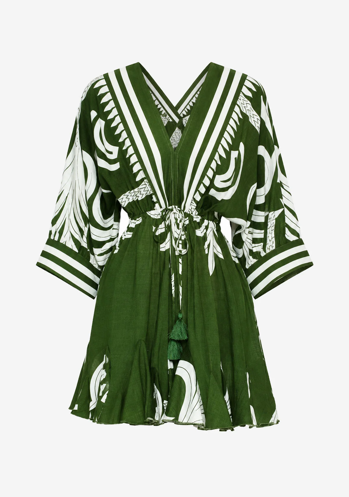3/4 Dolman Sleeve Border Mini Dress Green/White
