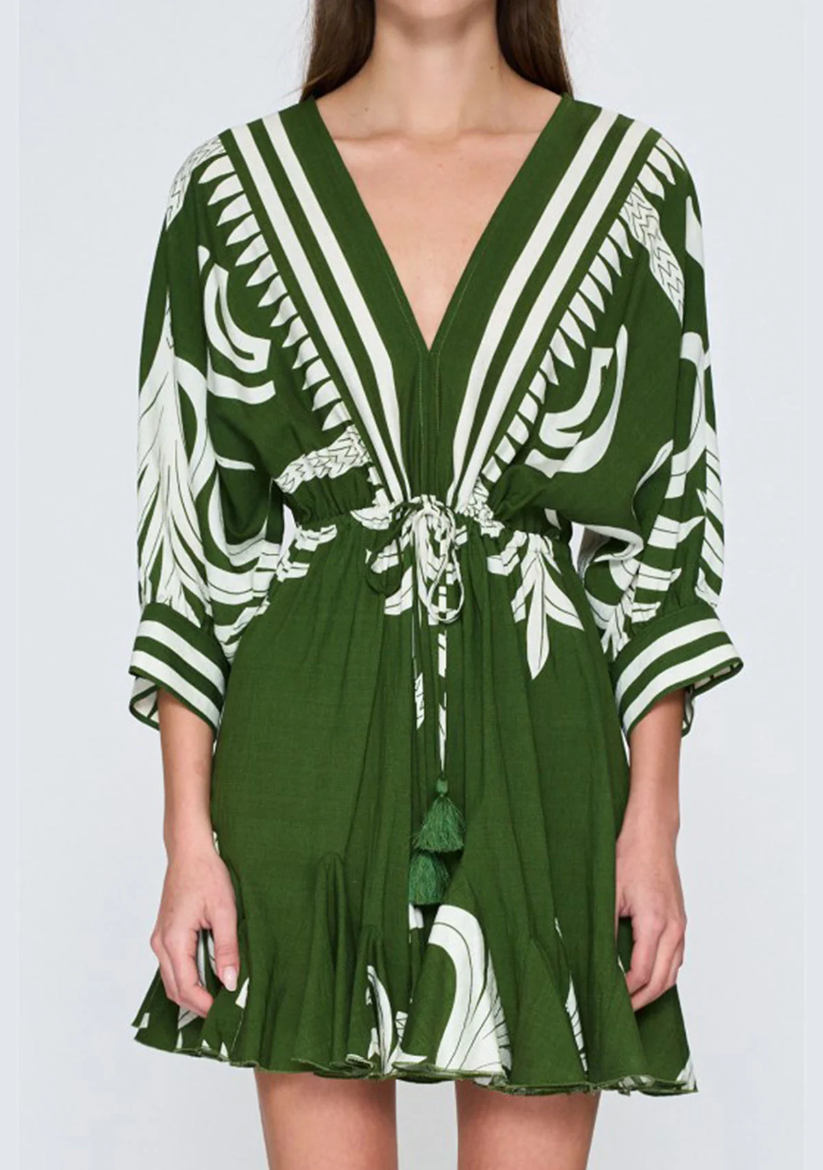 3/4 Dolman Sleeve Border Mini Dress Green/White - Image 2