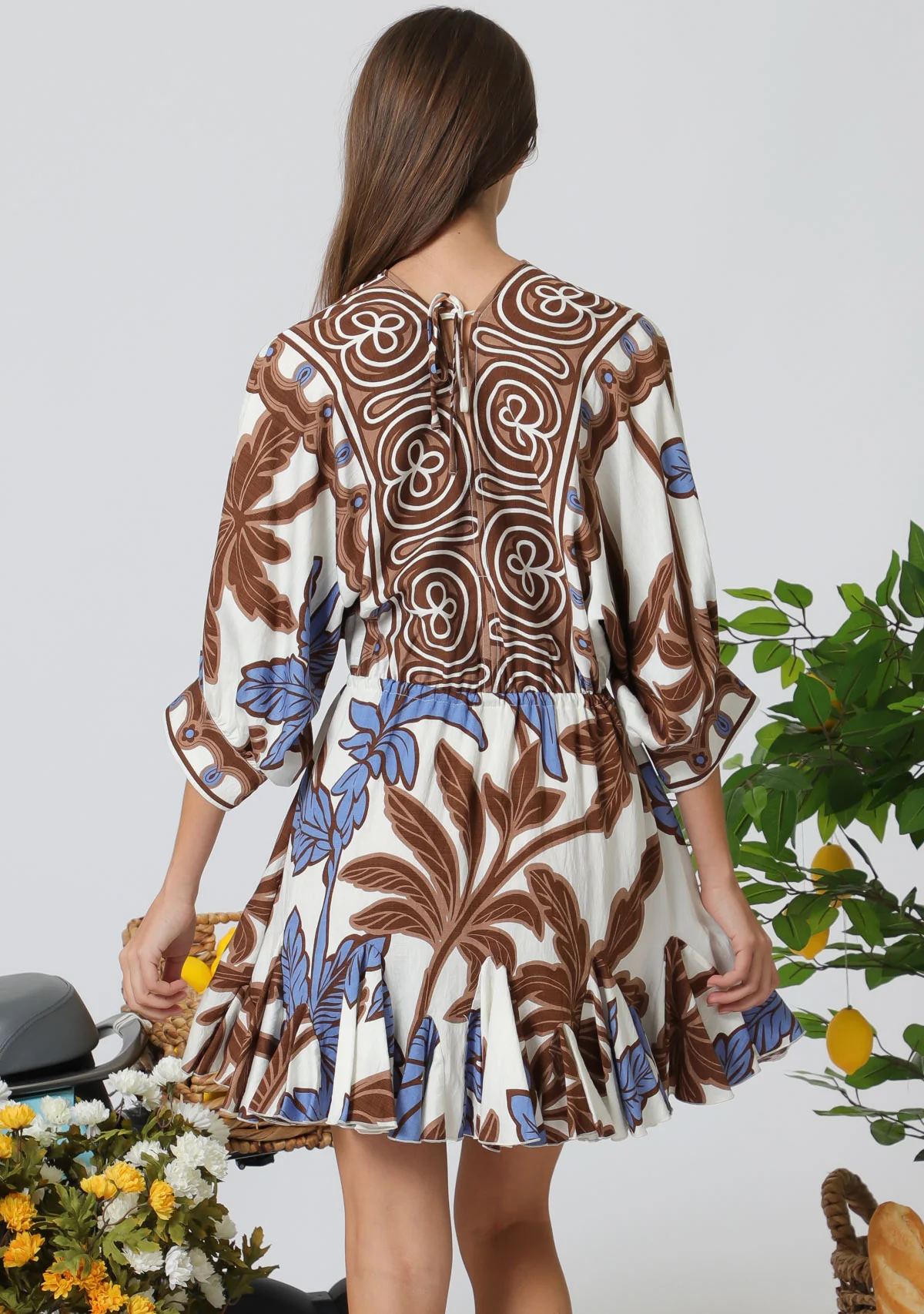 3/4 Dolman Sleeve Tie Front Waisted Border Printed Mini Dress - Image 4