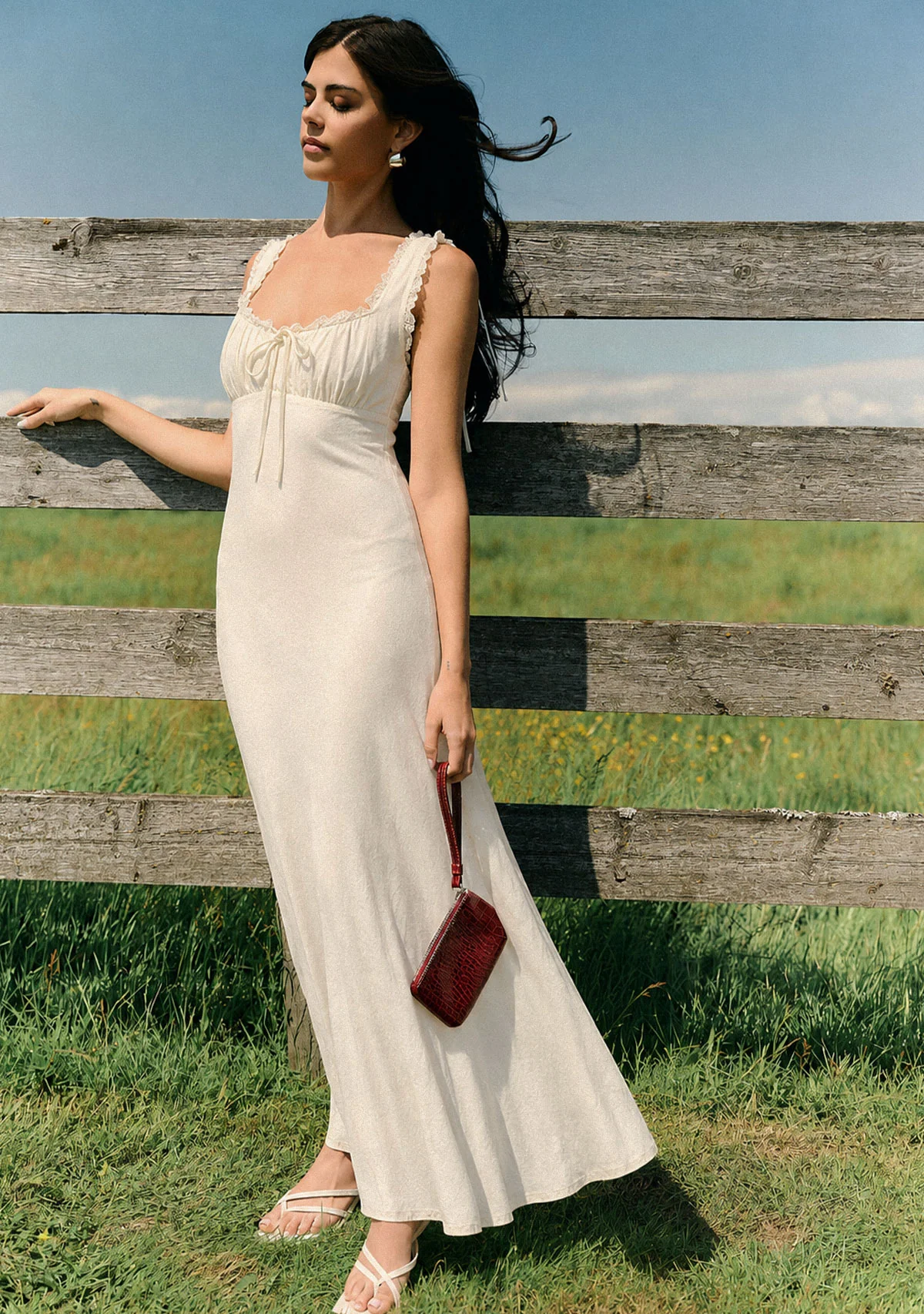 Any Season Maxi Solid Dress With Lace Trimmings And Open Back Cream - Image 2