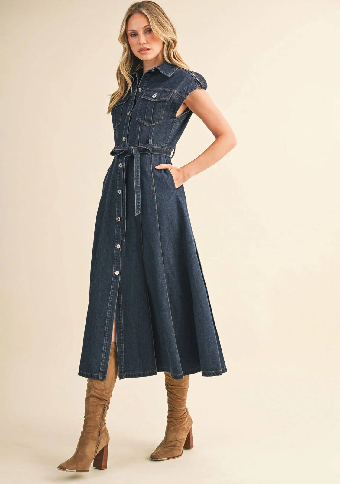 Belted Denim Shortsleeves Midi Dress - Image 3