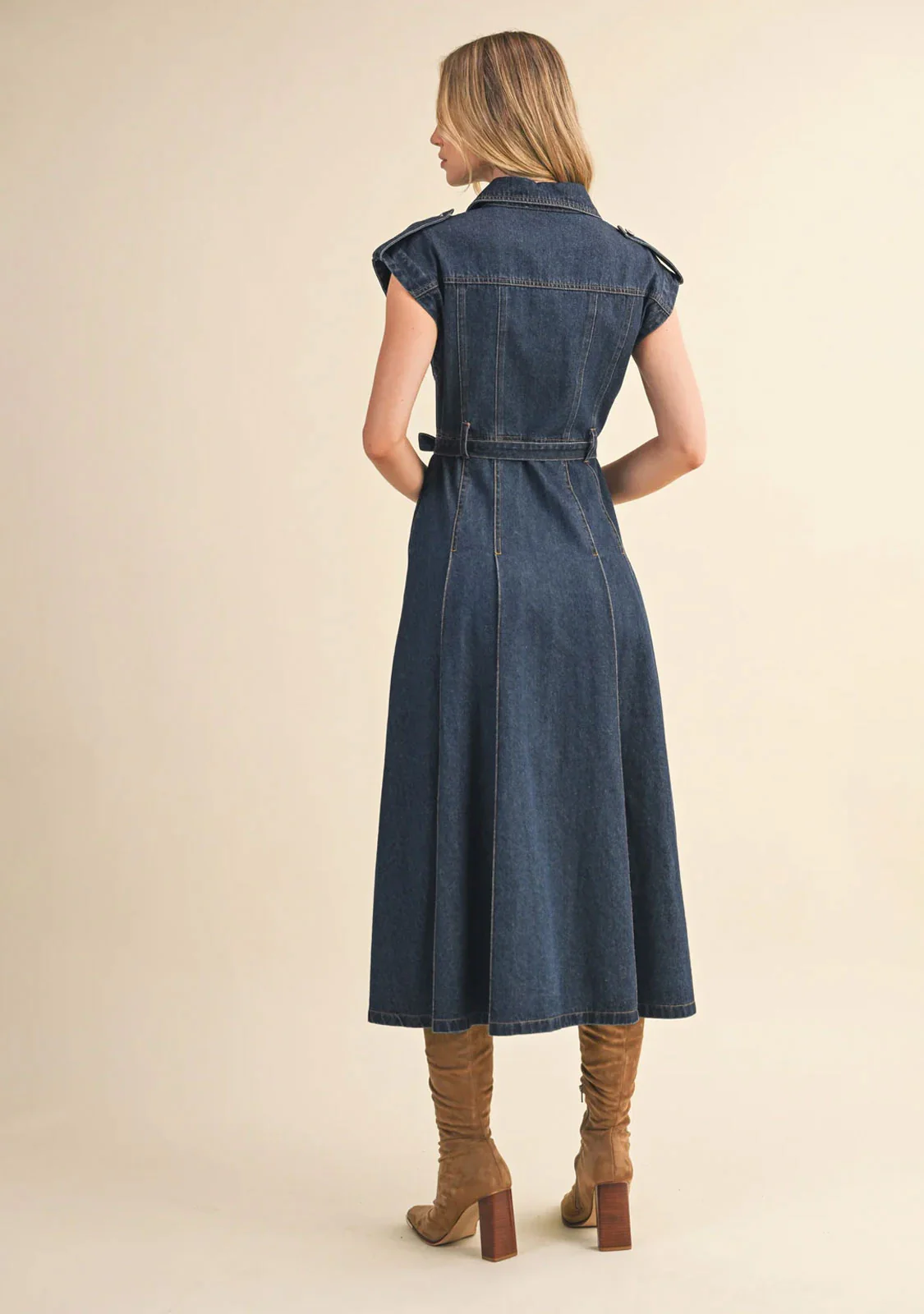 Belted Denim Shortsleeves Midi Dress - Image 4