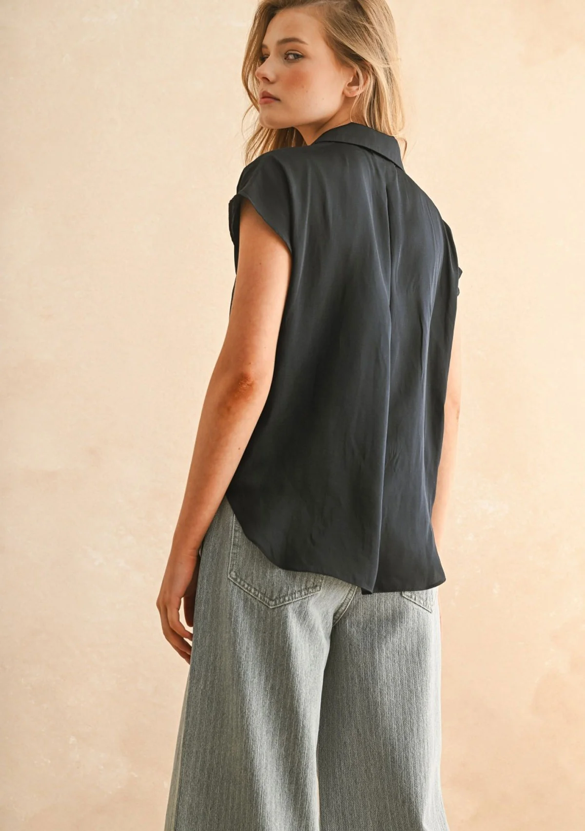 Button Down Cap Sleeve Shirt Deep Ocean Blue - Image 5