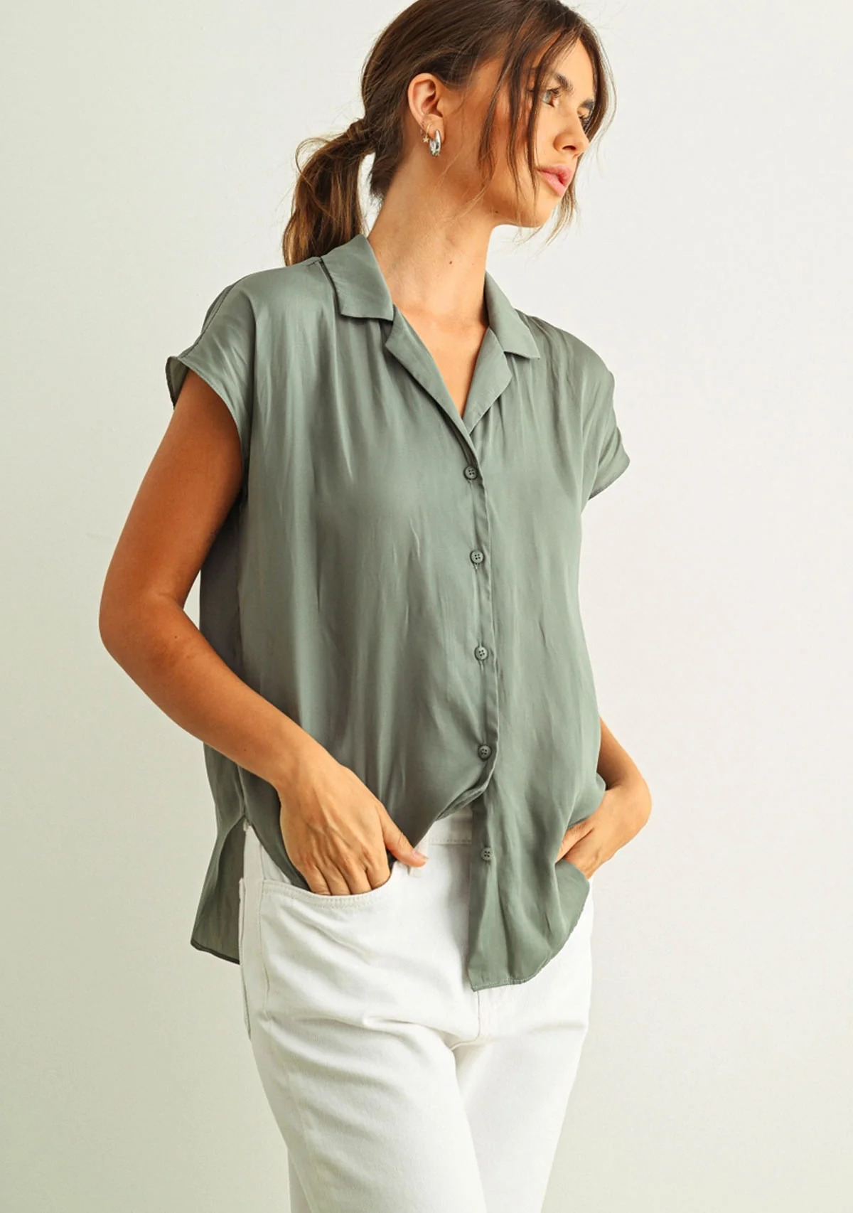 Button Down Cap Sleeve Shirt Jade - Image 3