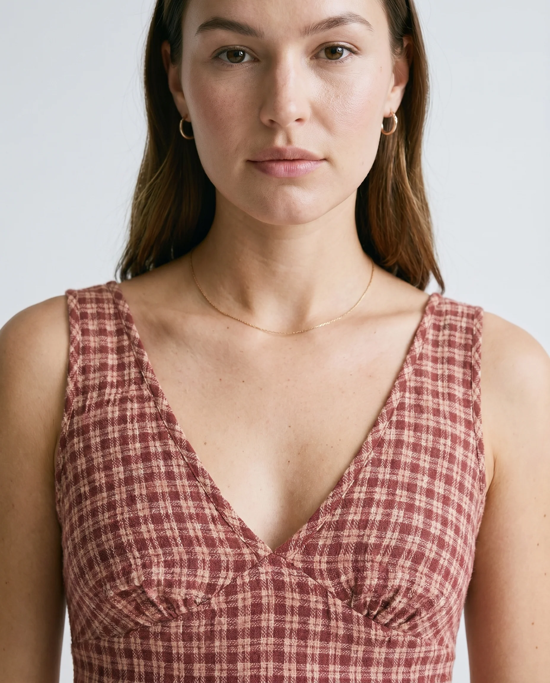 Capricorn - Hemp Seersucker Mini Dress Burgundy / Beige Check - Image 5
