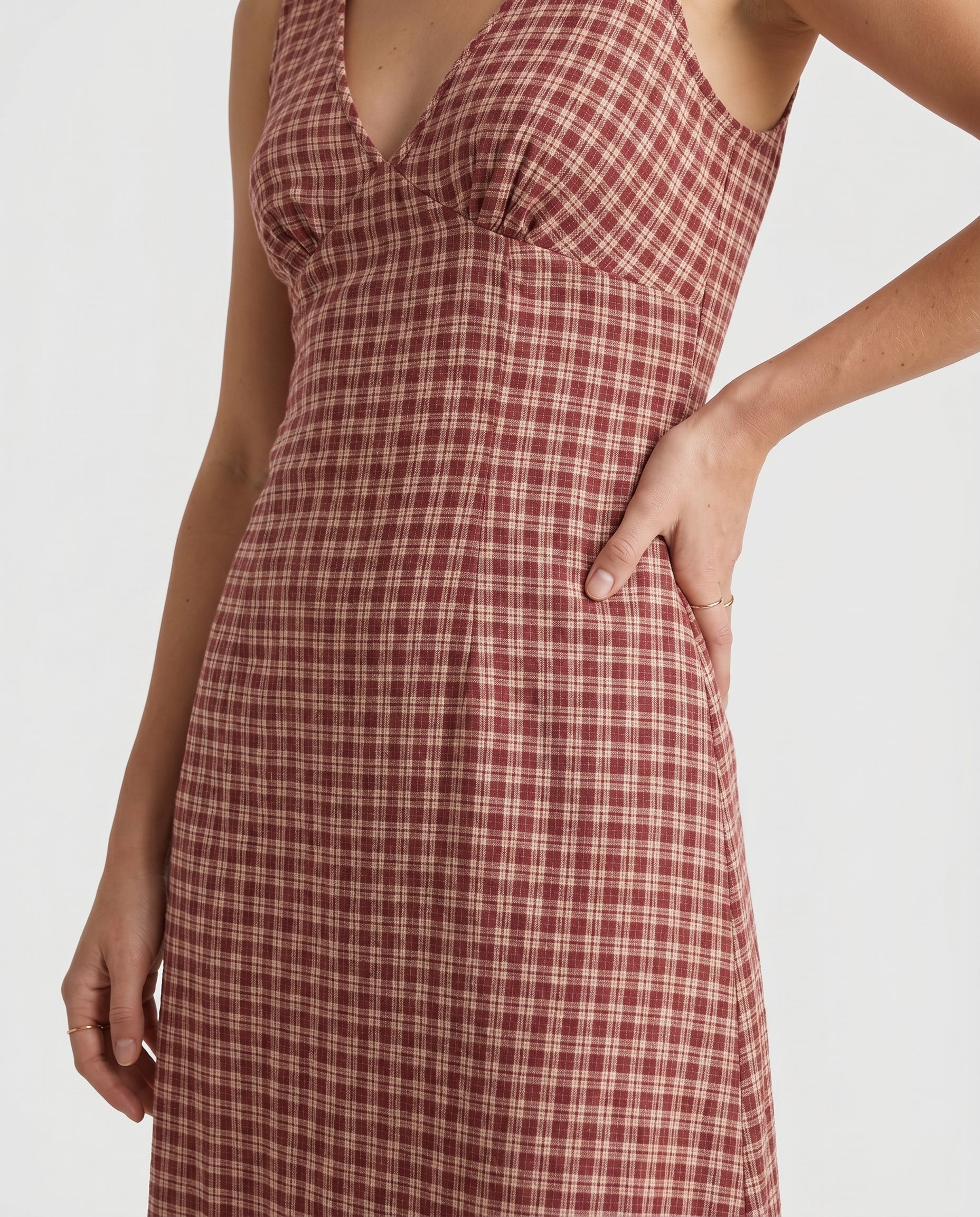Capricorn Tully - Hemp Seersucker Maxi Dress Burgundy / Beige Check - Image 10