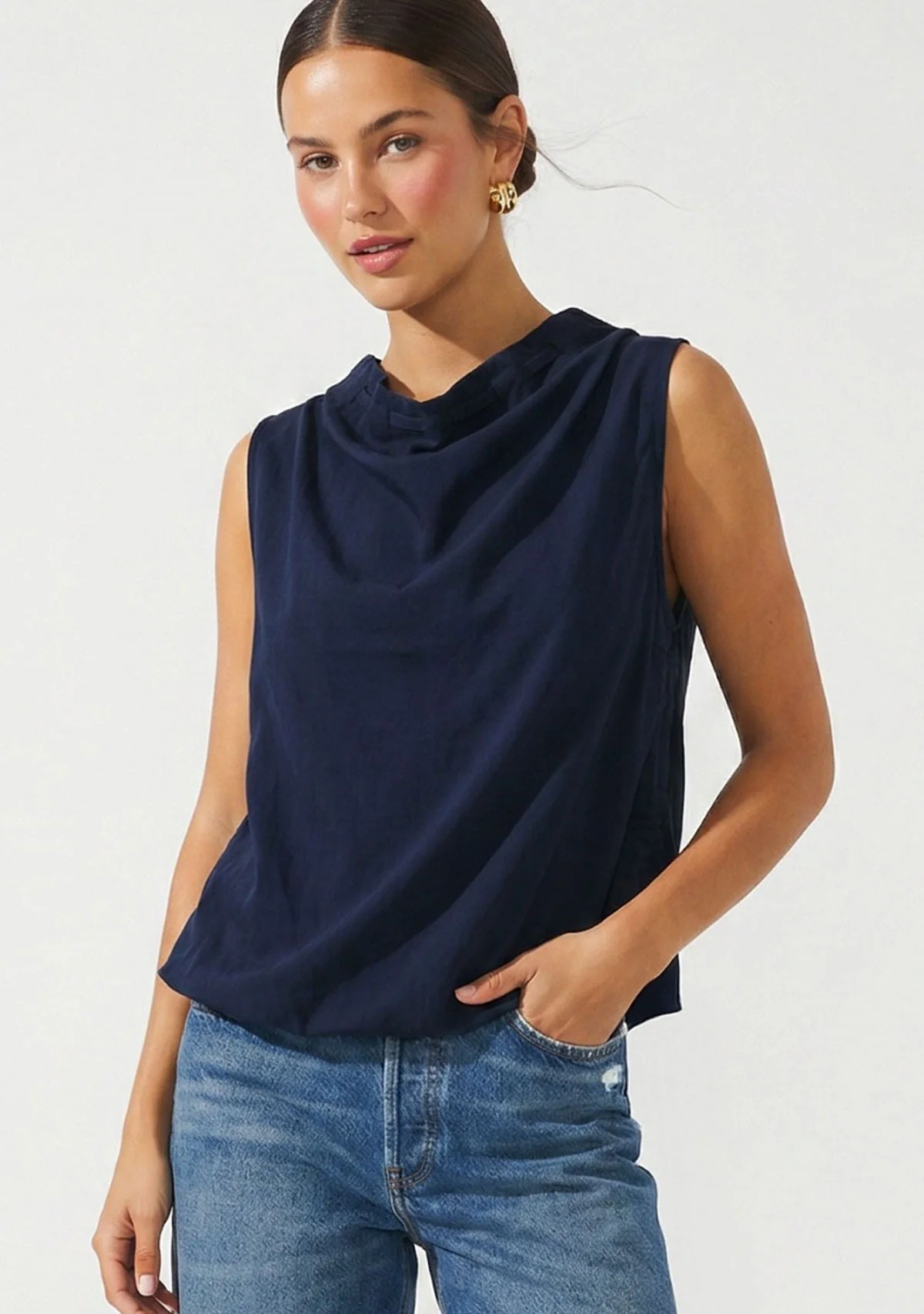 Cinched Mock Neck Sleeveless Top Dark Navy - Image 2