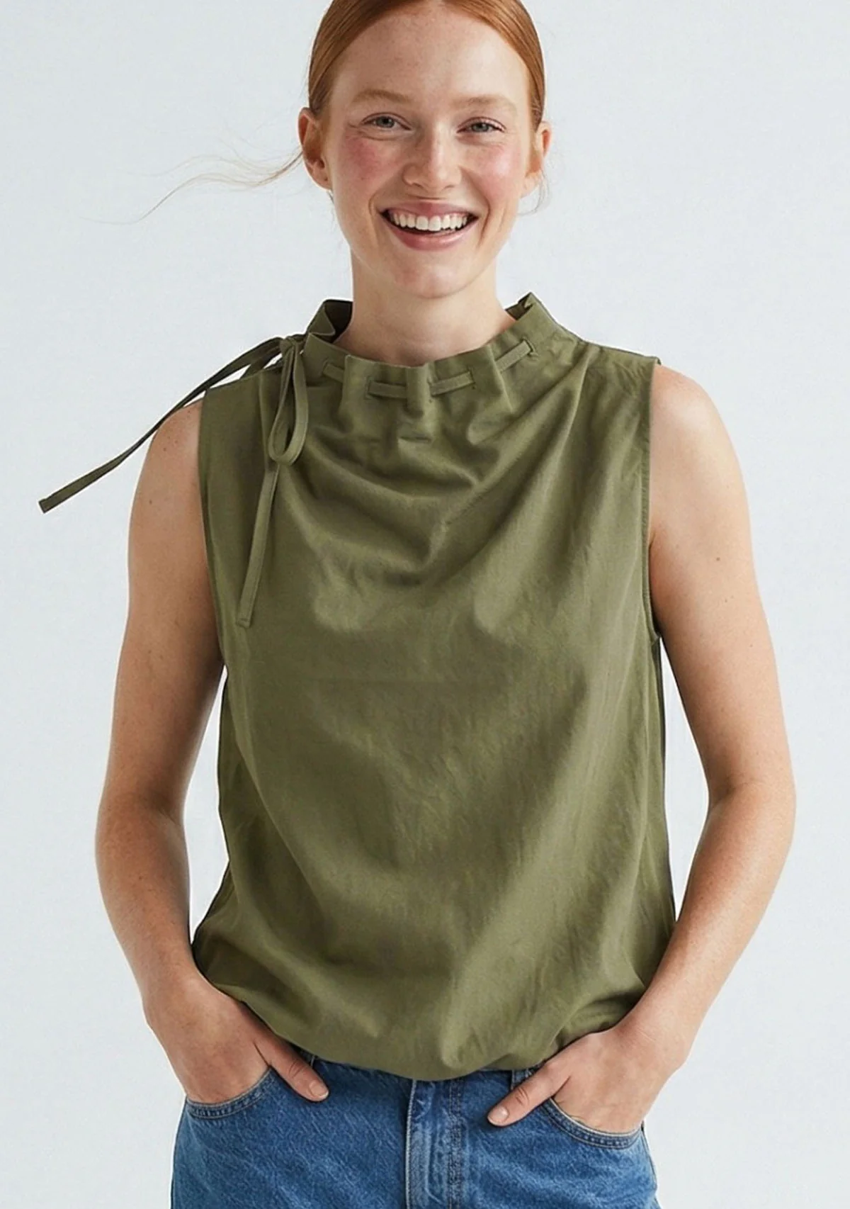 Cinched Mock Neck Sleeveless Top Light Olive - Image 2