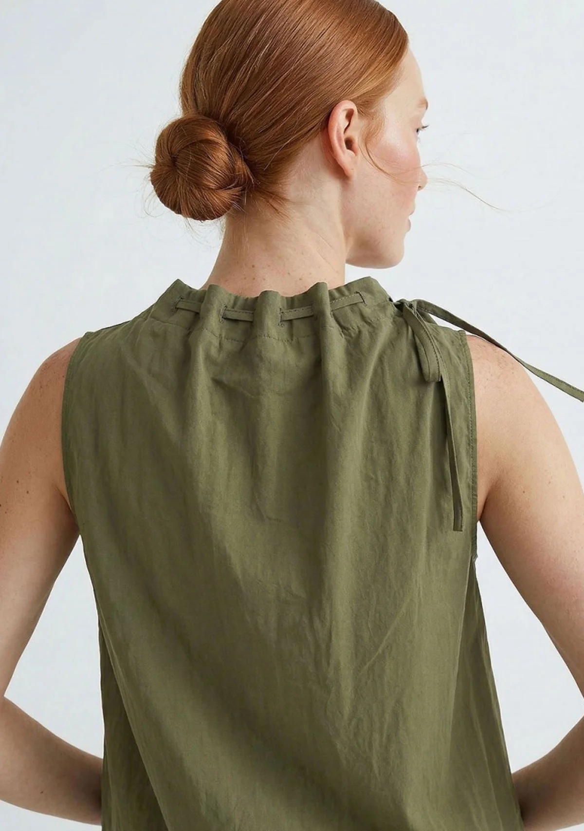 Cinched Mock Neck Sleeveless Top Light Olive - Image 3