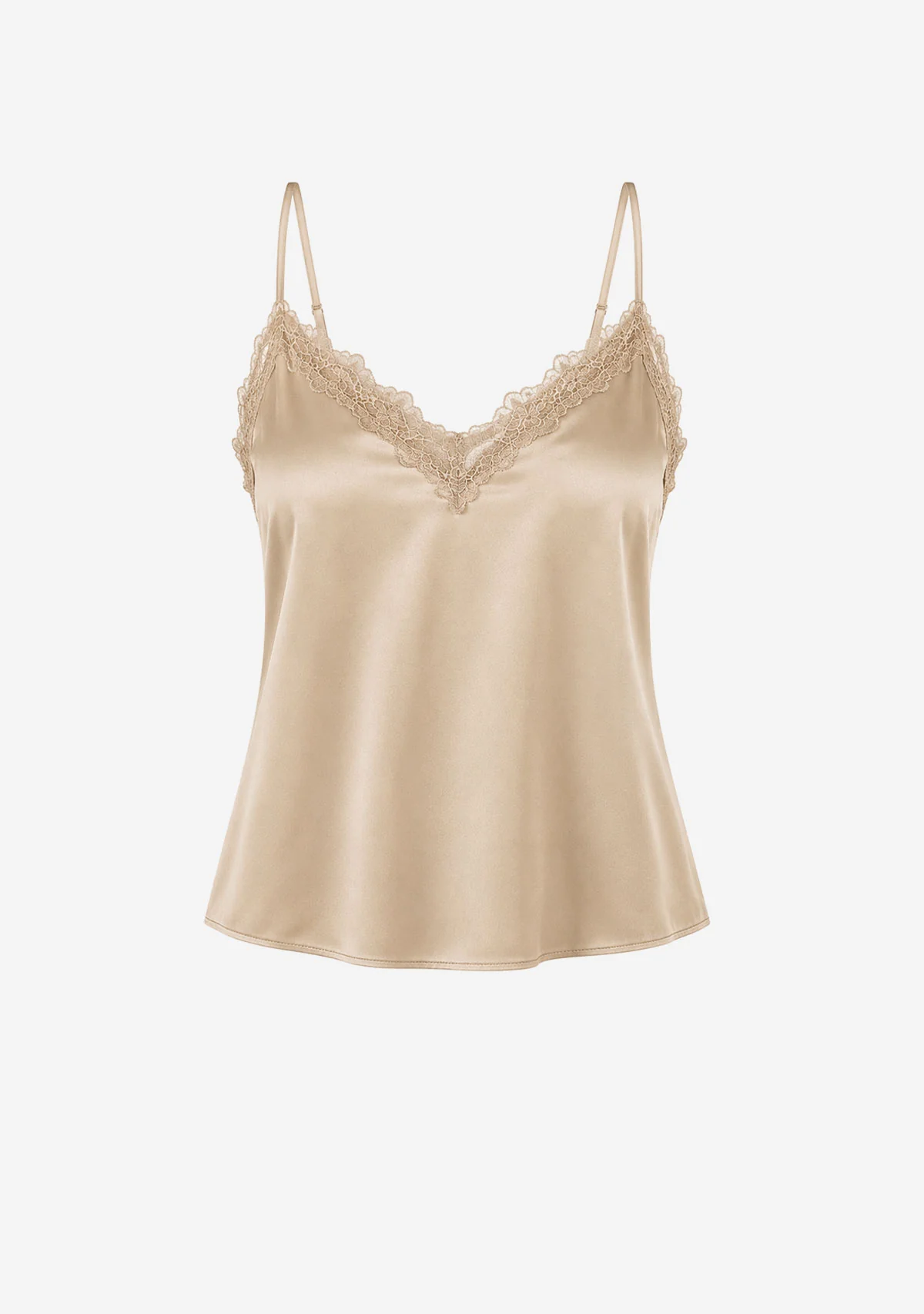 Classic Satin V-Neck Lace Trim Cami Beige