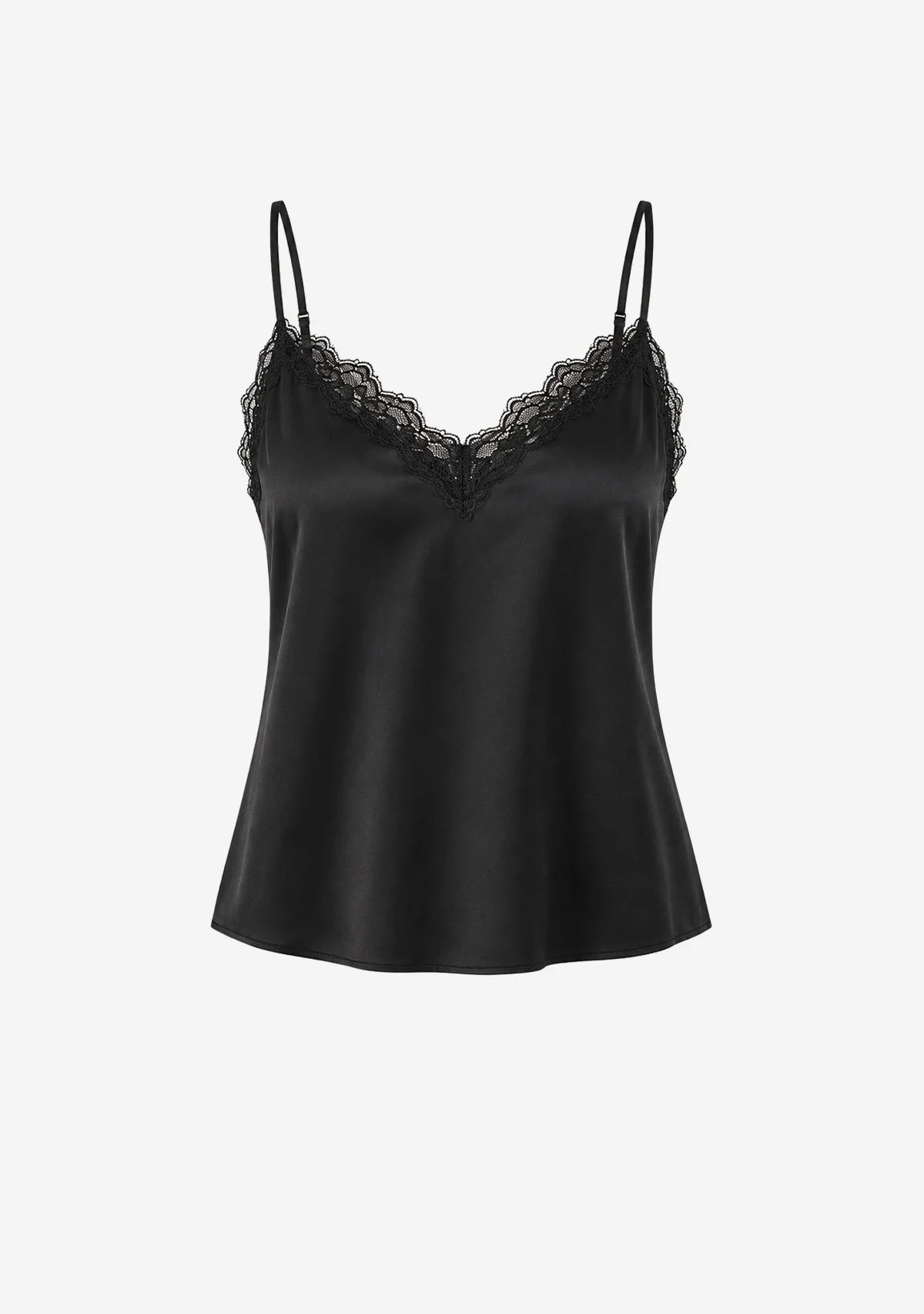 Classic Satin V-Neck Lace Trim Cami Black