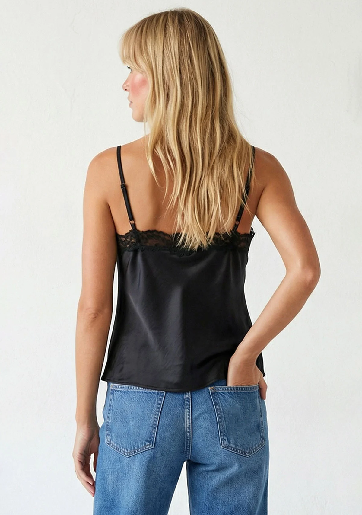 Classic Satin V-Neck Lace Trim Cami Black - Image 3
