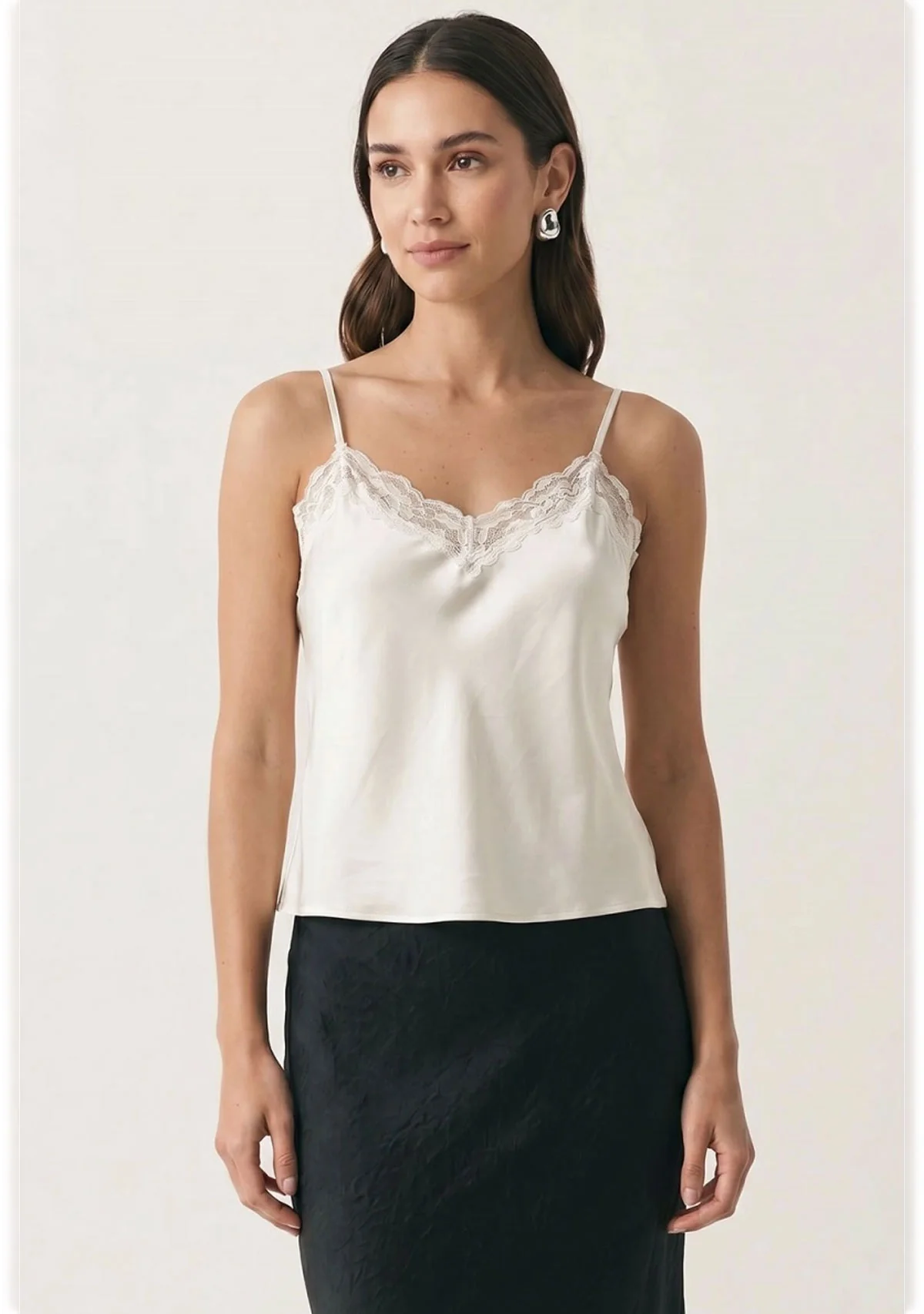 Classic Satin V-Neck Lace Trim Cami Off White - Image 2