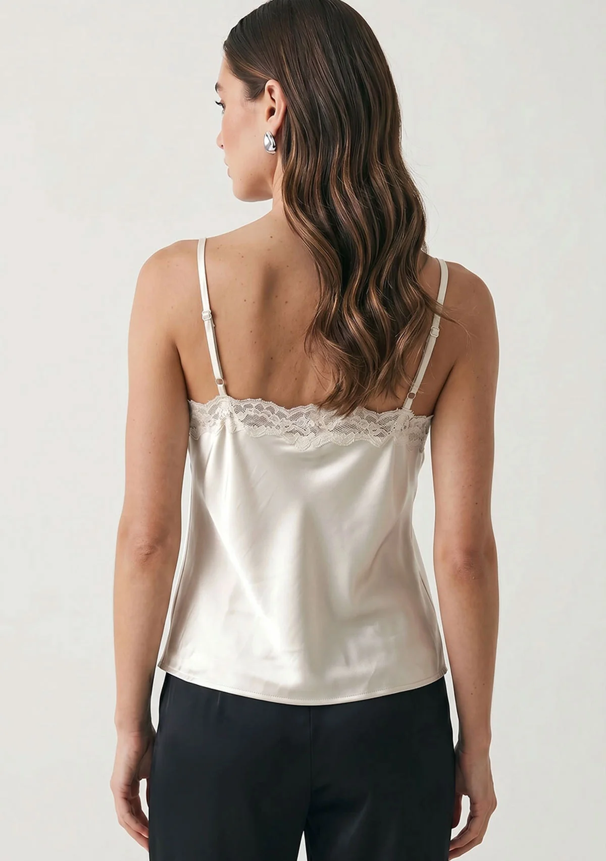 Classic Satin V-Neck Lace Trim Cami Off White - Image 3