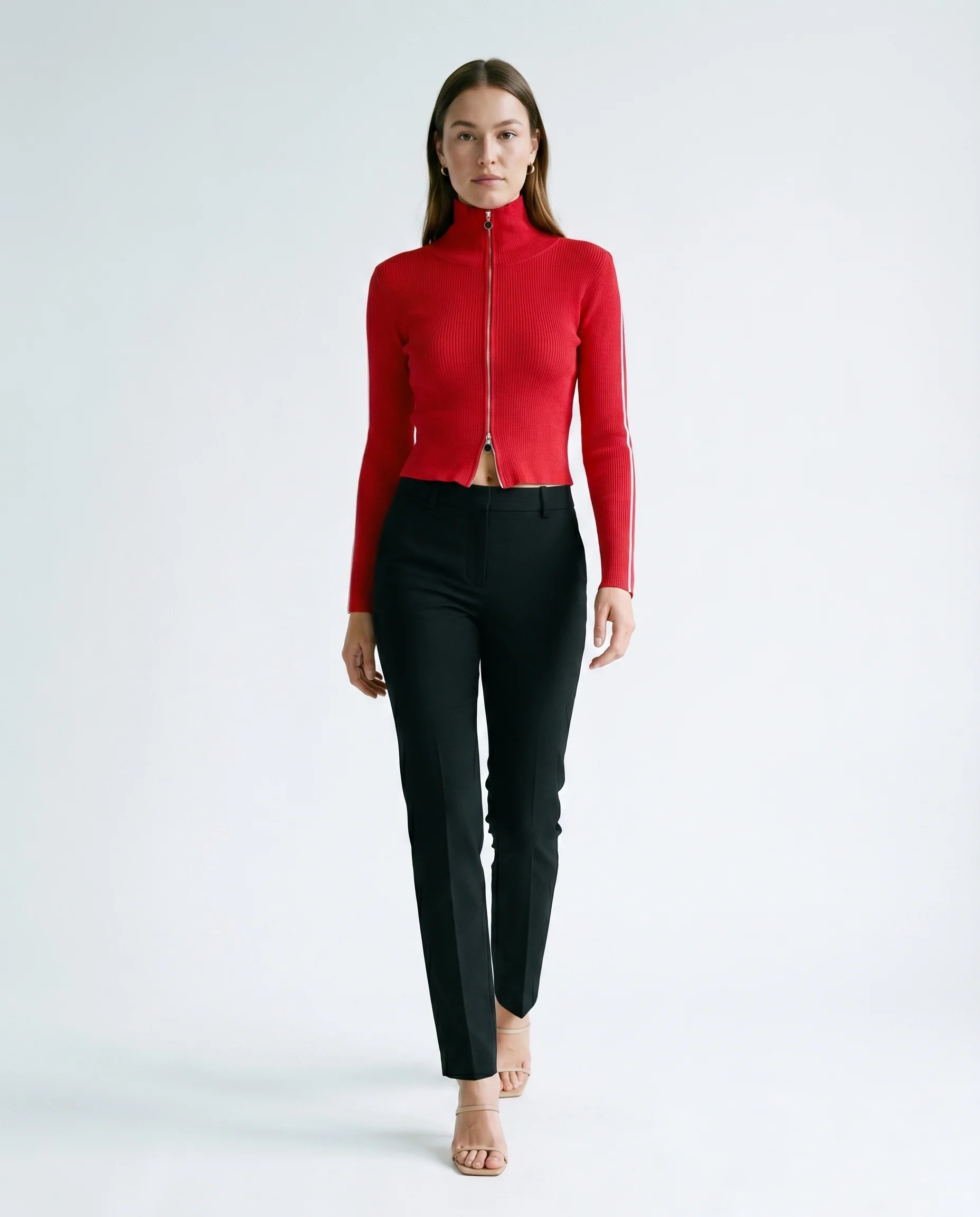 Cropped Zip Front Cardigan Red - Image 3