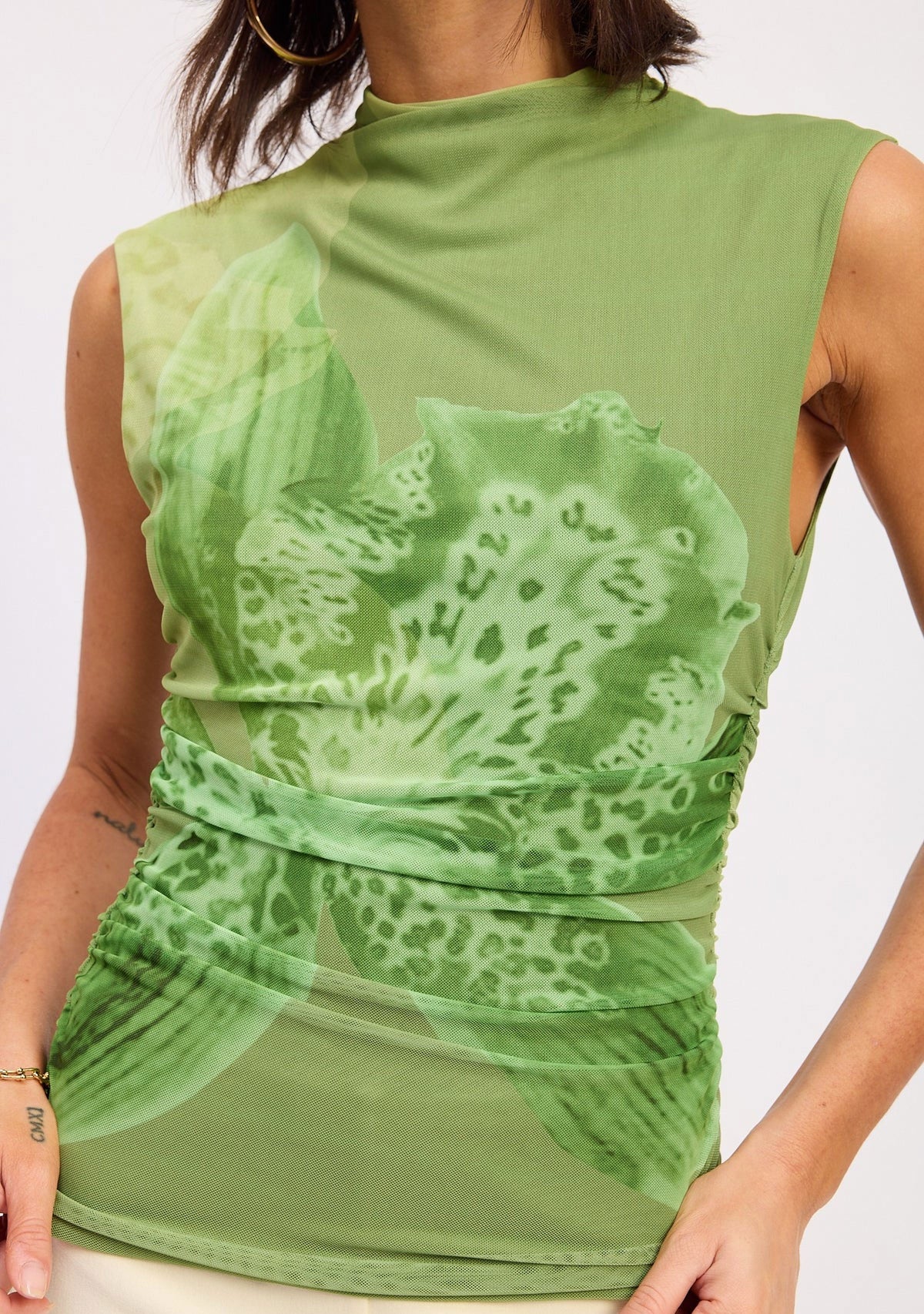 Drop Shoulder Mesh Top Green Floral - Image 3
