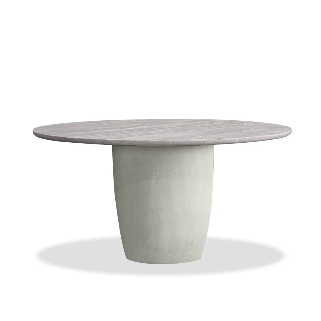 ERDEN Round Dining Table Silver Grey Travertine , Silver Taupe Micro Cement Base