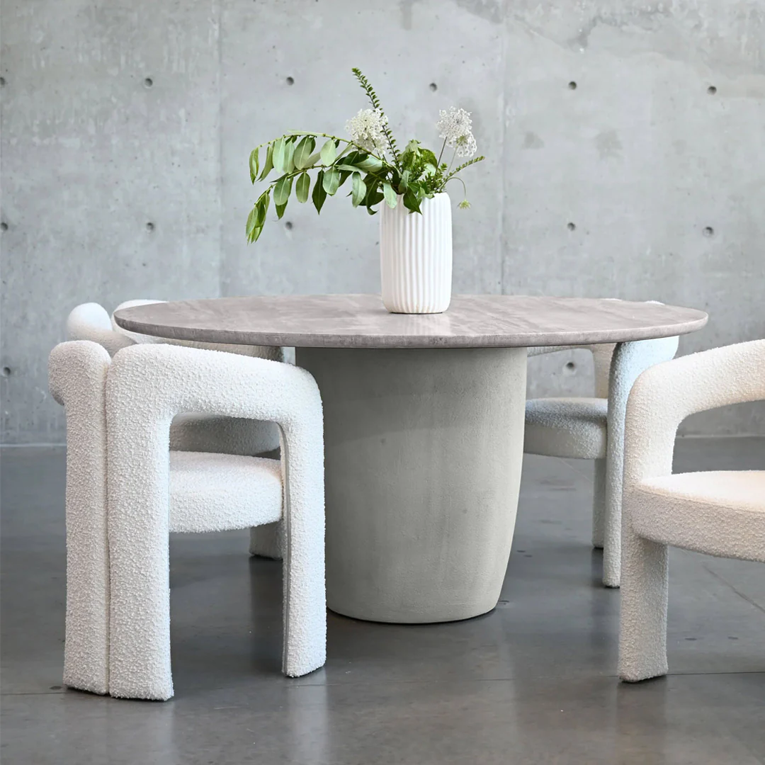ERDEN Round Dining Table Silver Grey Travertine , Silver Taupe Micro Cement Base - Image 2