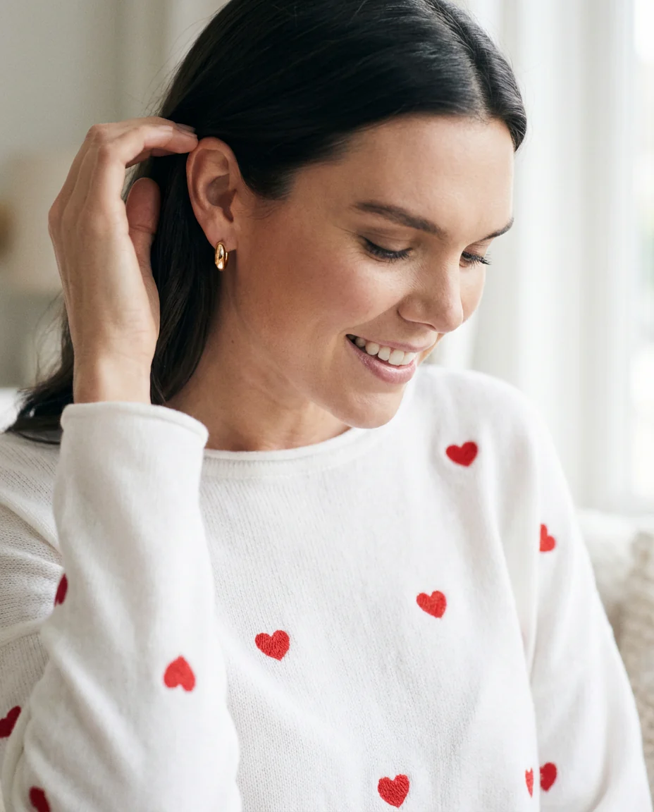 Embroidered Confetti Hearts Valentine Sweater Top Ivory/Red - Image 2