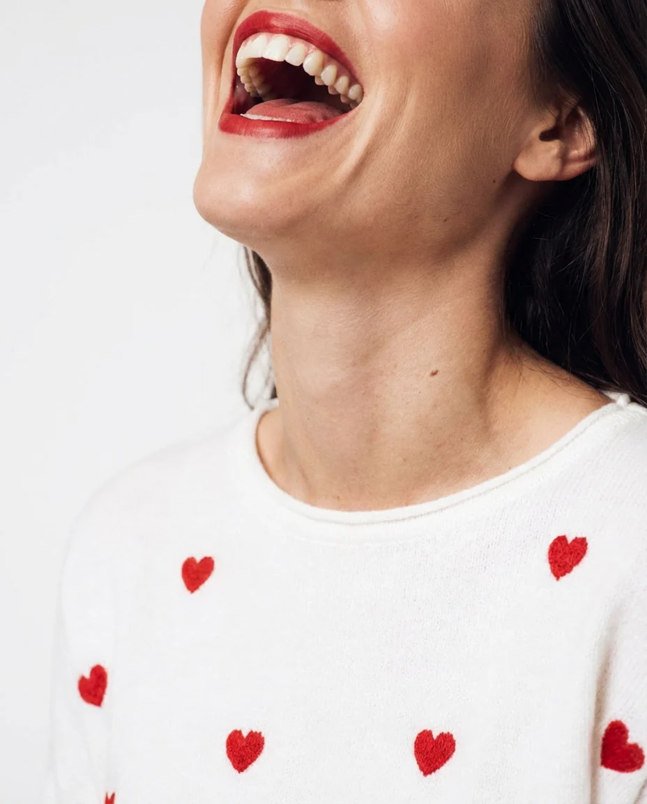 Embroidered Confetti Hearts Valentine Sweater Top Ivory/Red - Image 3