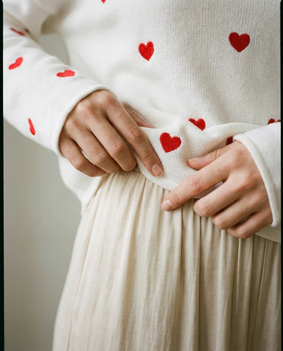 Embroidered Confetti Hearts Valentine Sweater Top Ivory/Red - Image 4