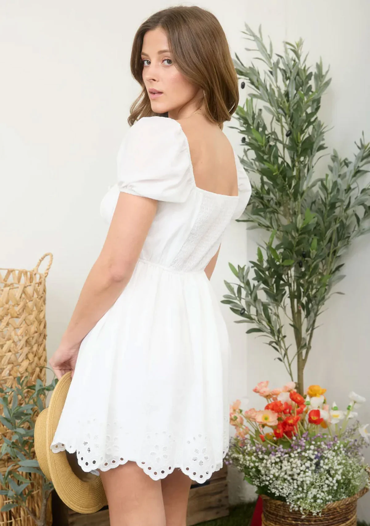 Embroidered Puff Sleeve Scallop Hem Mini Dress White - Image 3