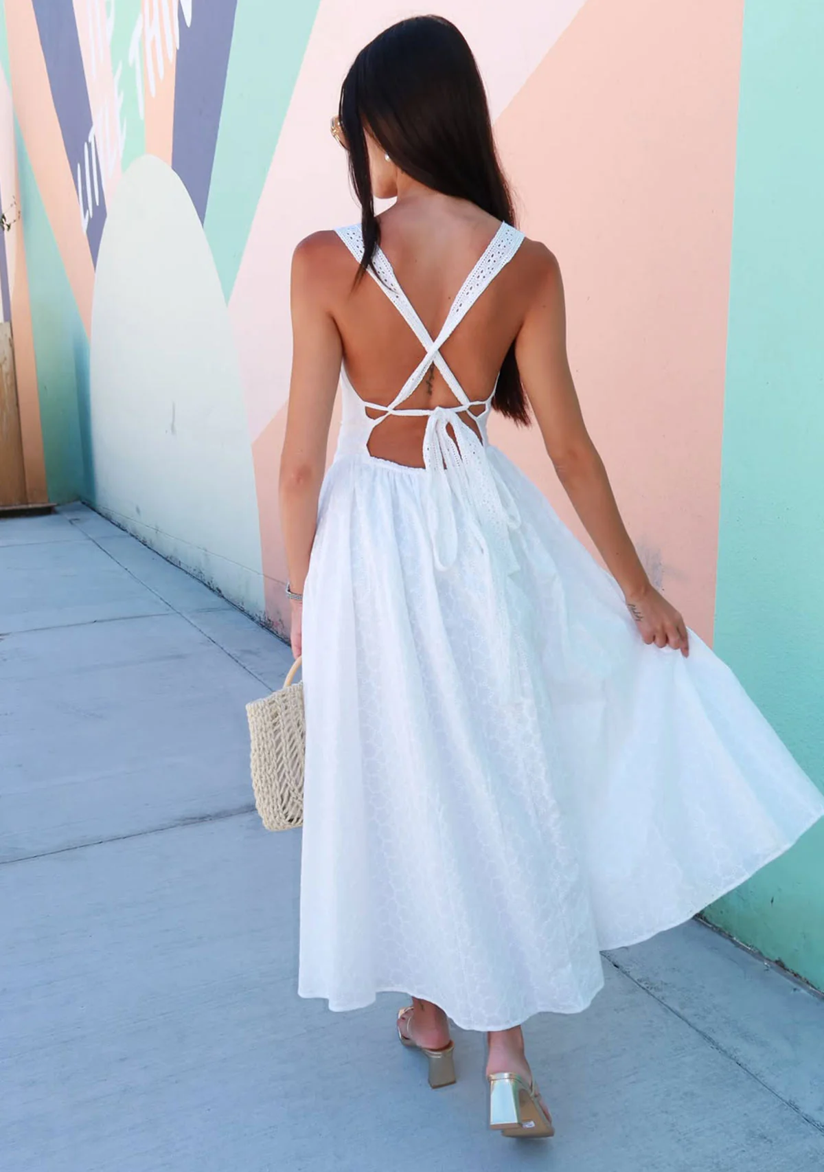 Eyelet Back Cross Strap Midi Dress Off White - Image 3