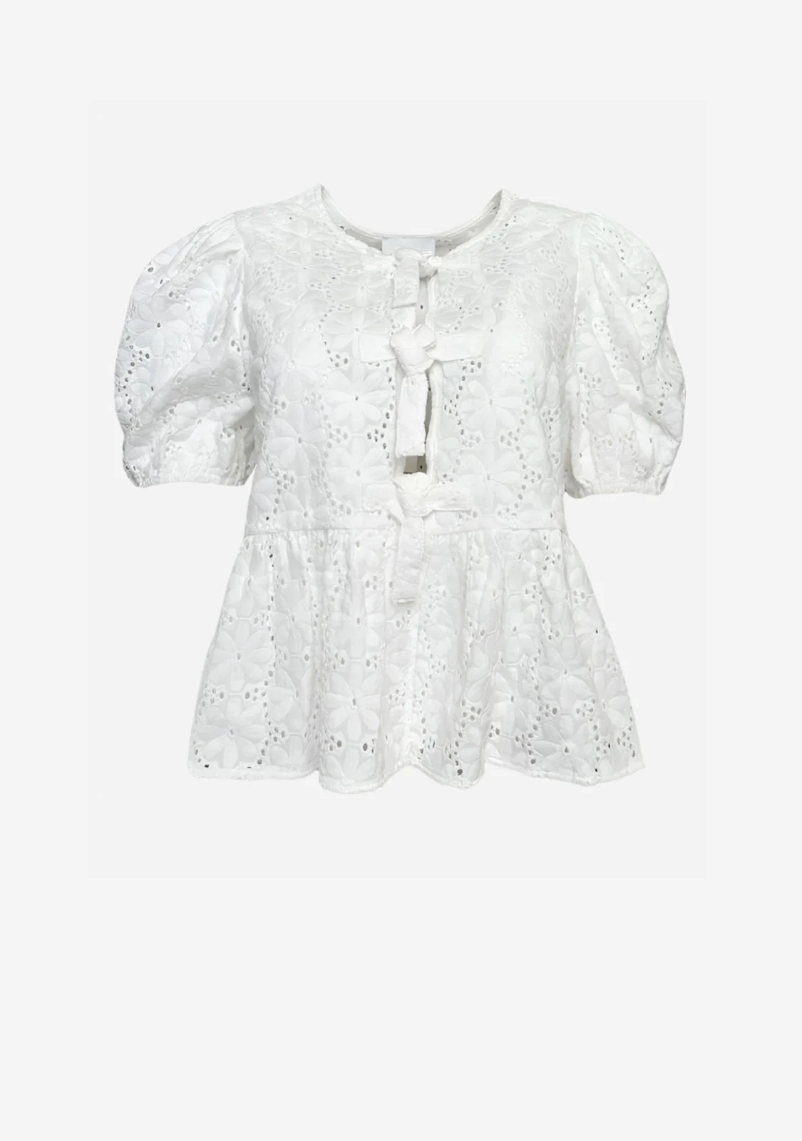 Eyelet Puff Sleeve Bottom Ruffle Front Tie Top Off White