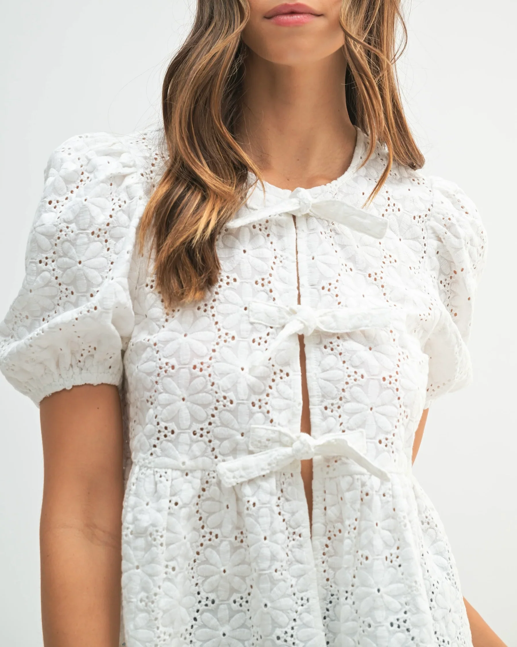 Eyelet Puff Sleeve Bottom Ruffle Front Tie Top Off White - Image 2