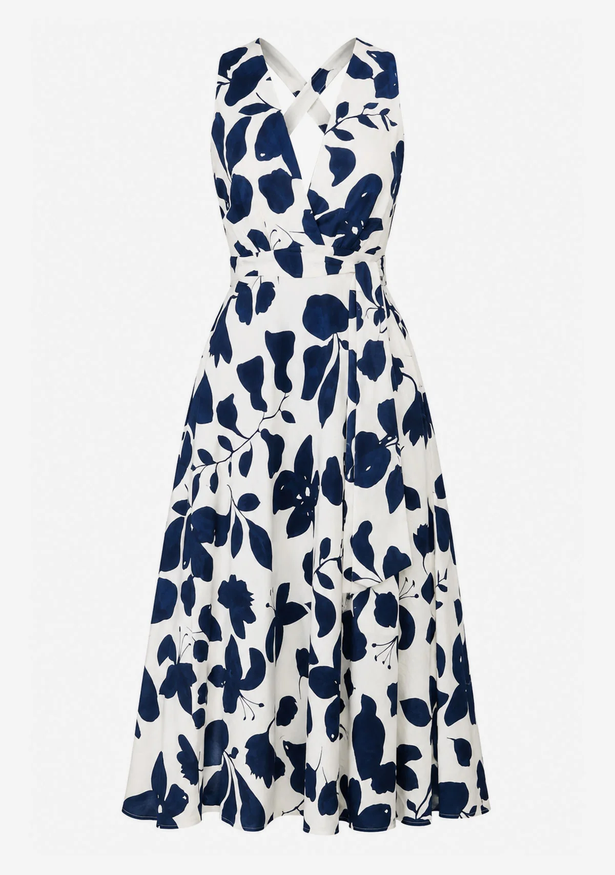 Floral Print Midi Dress With A Plunging Halter Neckline And Waist Tie Ivory/Navy