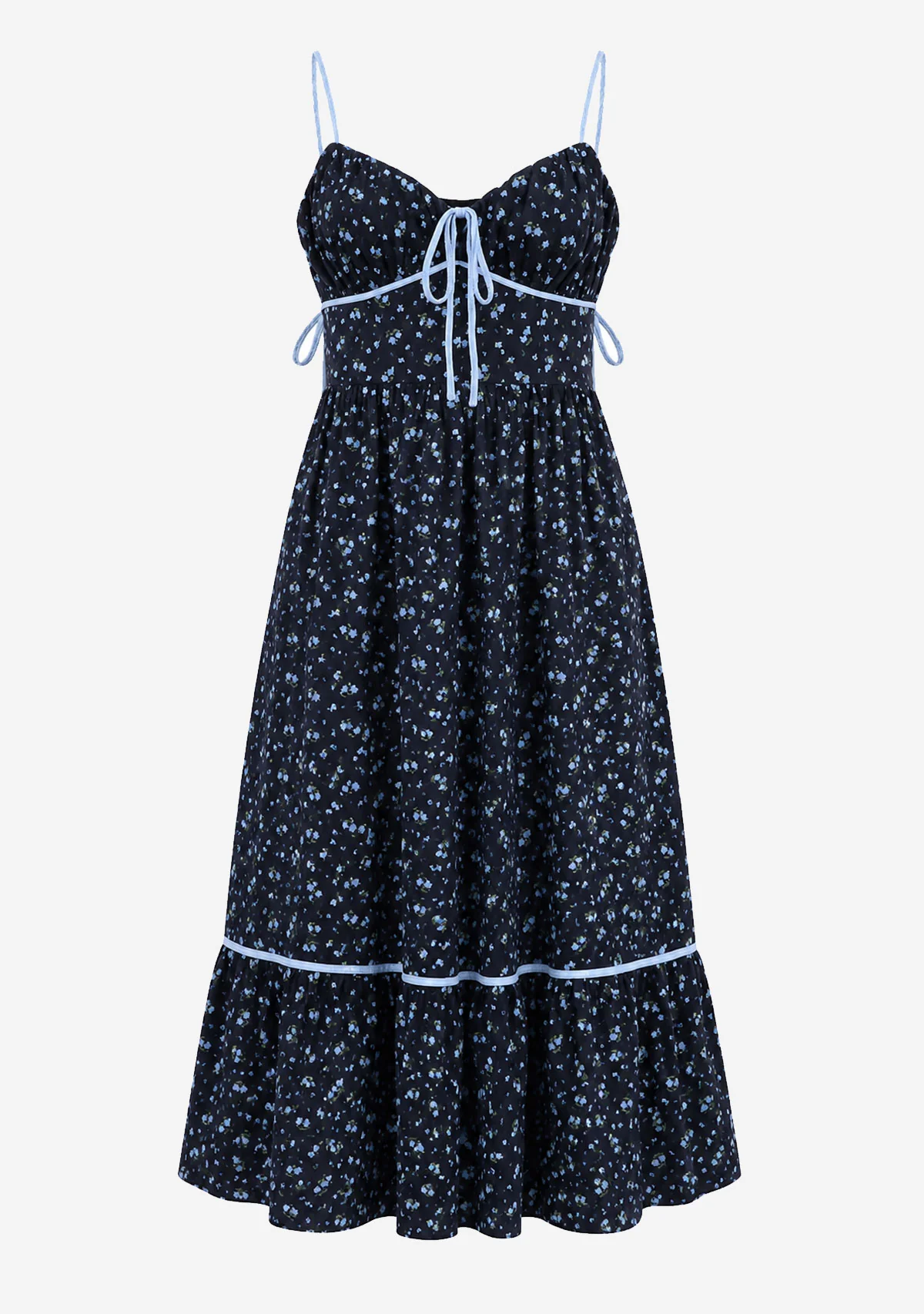 Floral Printed Gingham Contrast Midi Dress Navy