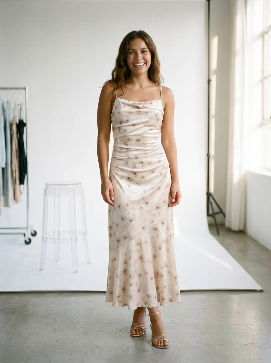 Floral Satin Midi Dress Beige - Image 3
