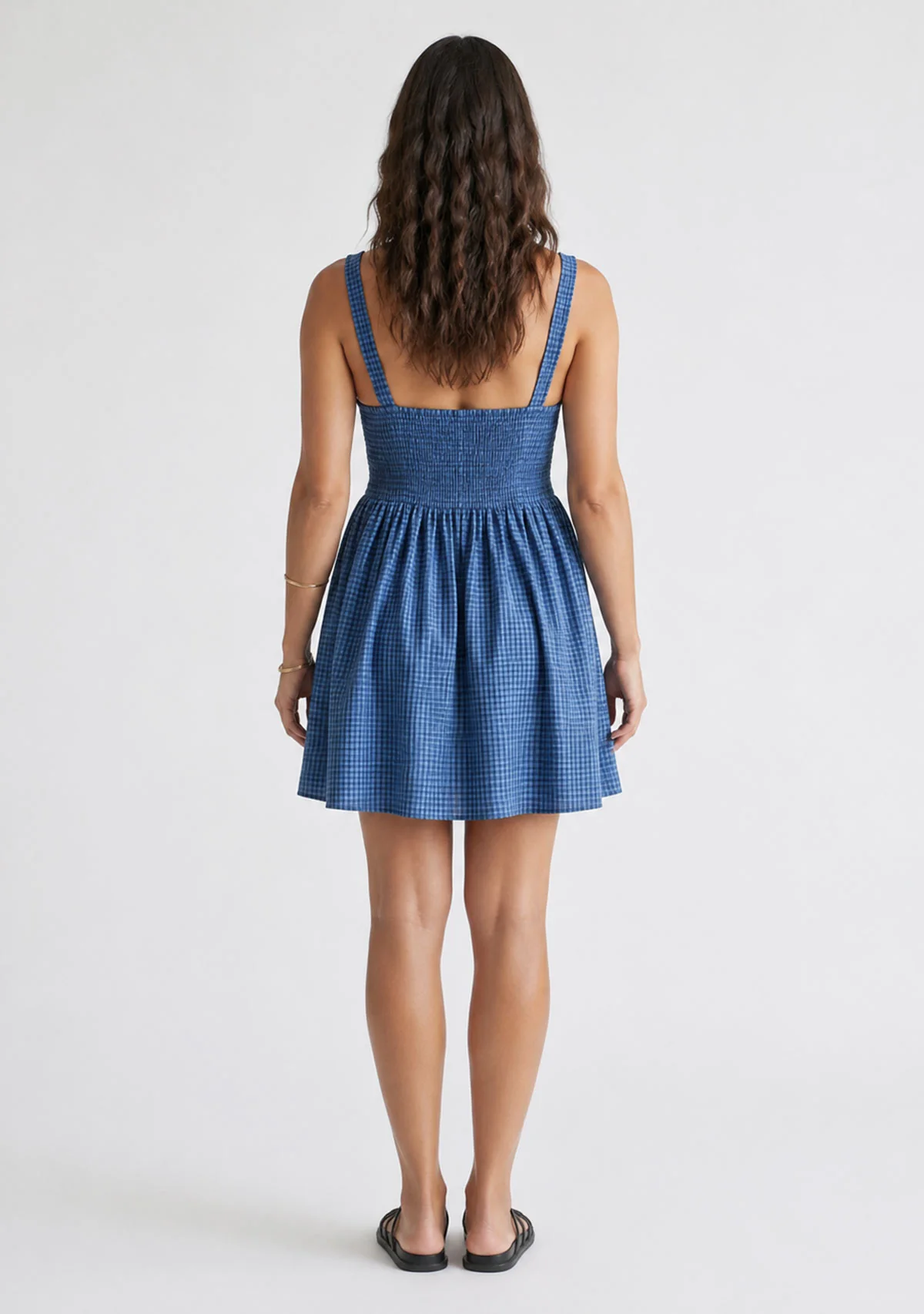 Gathered Checker Mini Baby Doll Dress Navy - Image 3