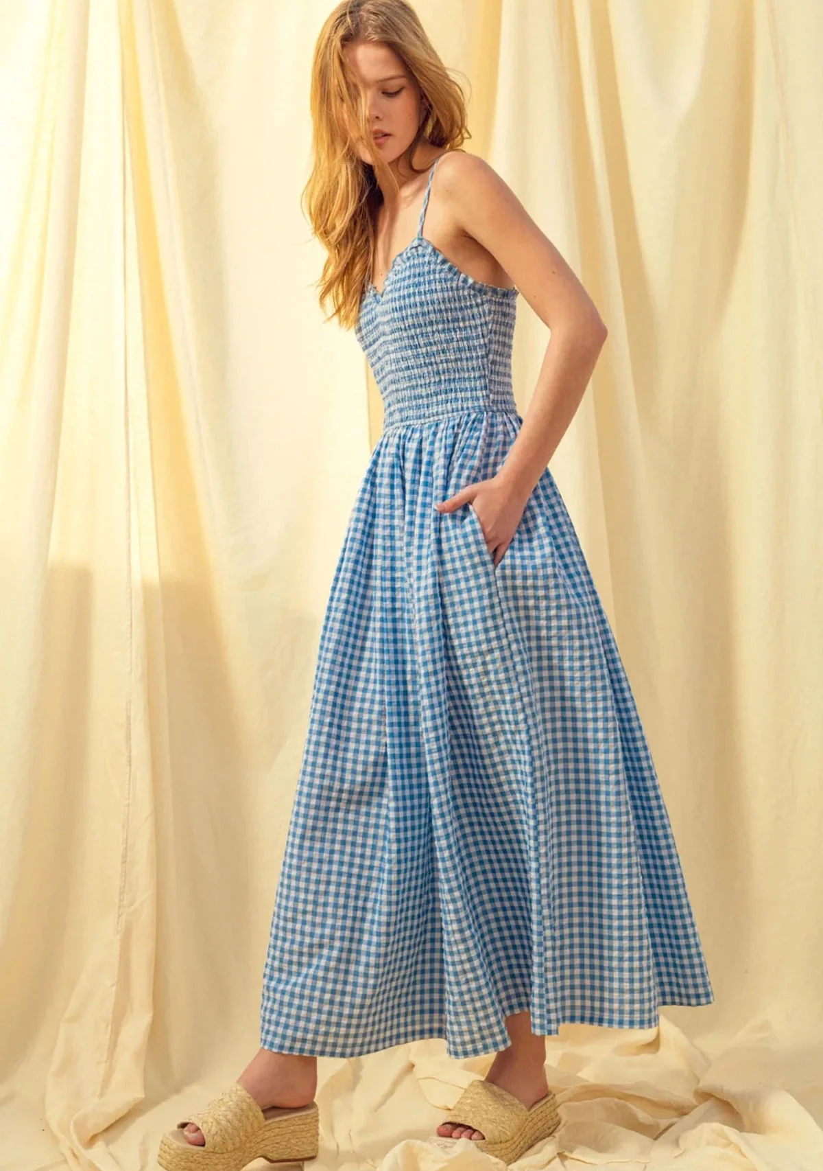 Gingham Print Long Dress Blue - Image 4