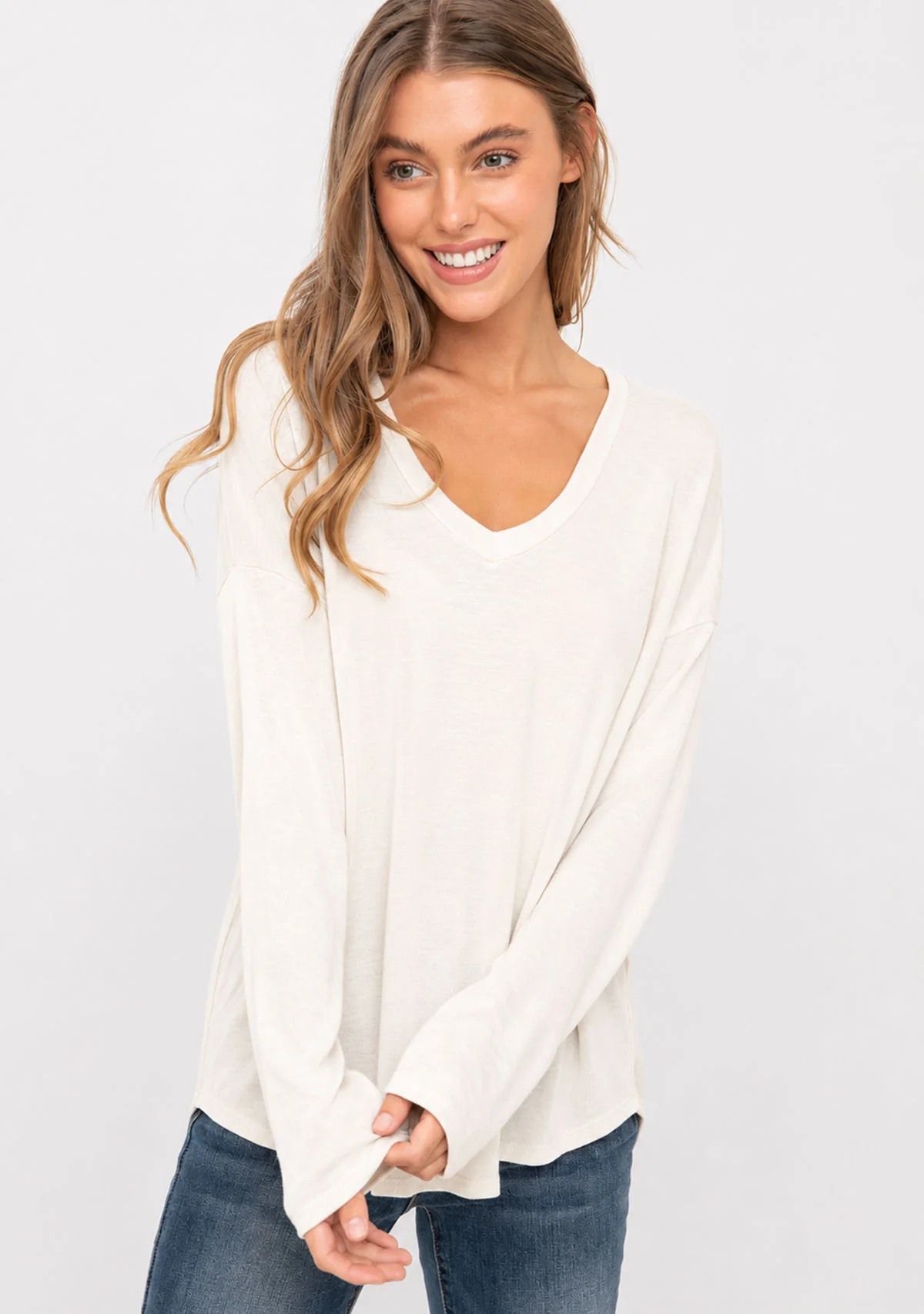 Hacci Slub V-Neck Drop Shoulder L/S Top Ivory - Image 2