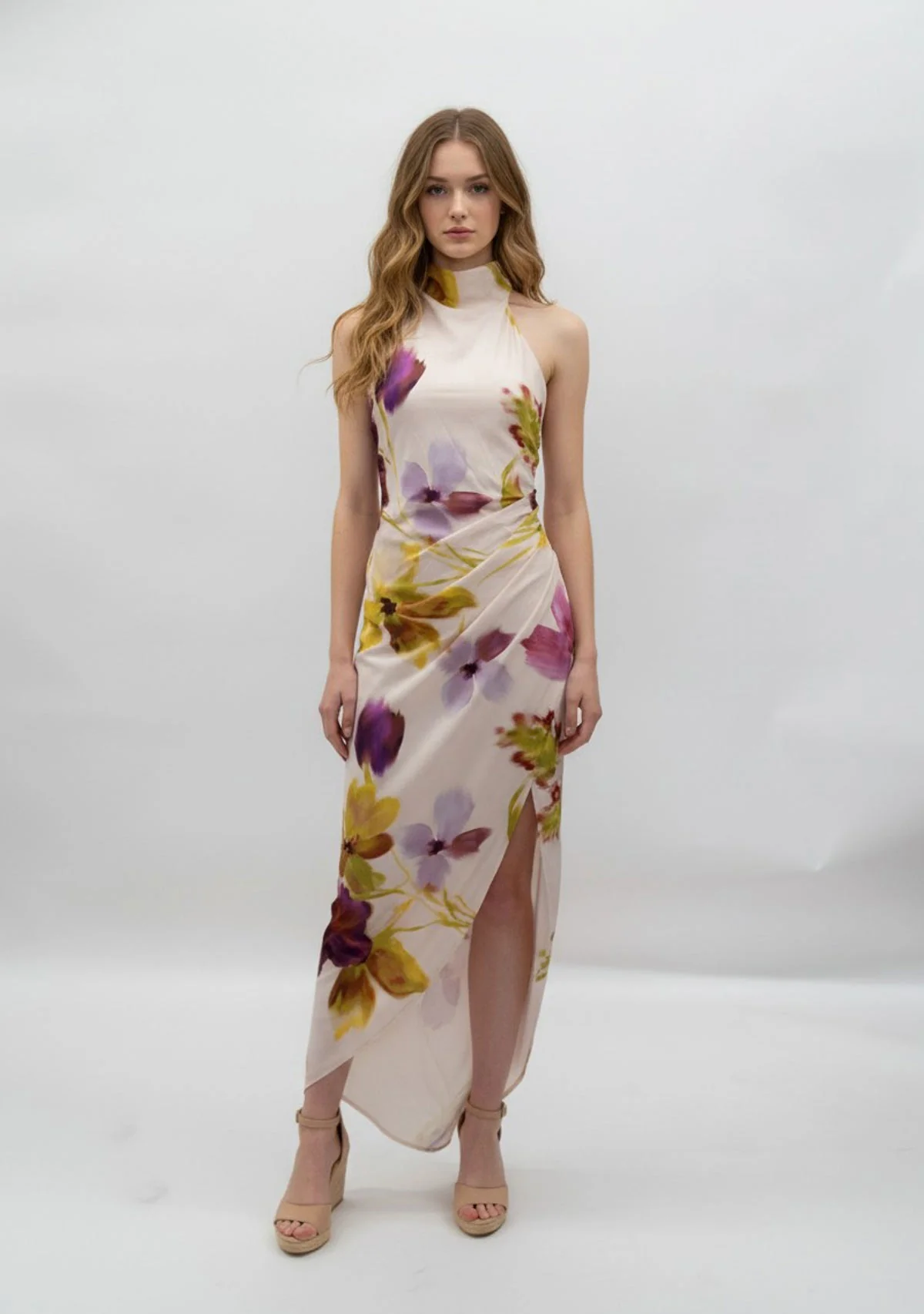 Halter Low Back Asymmetric Maxi Dress Cream Floral - Image 2