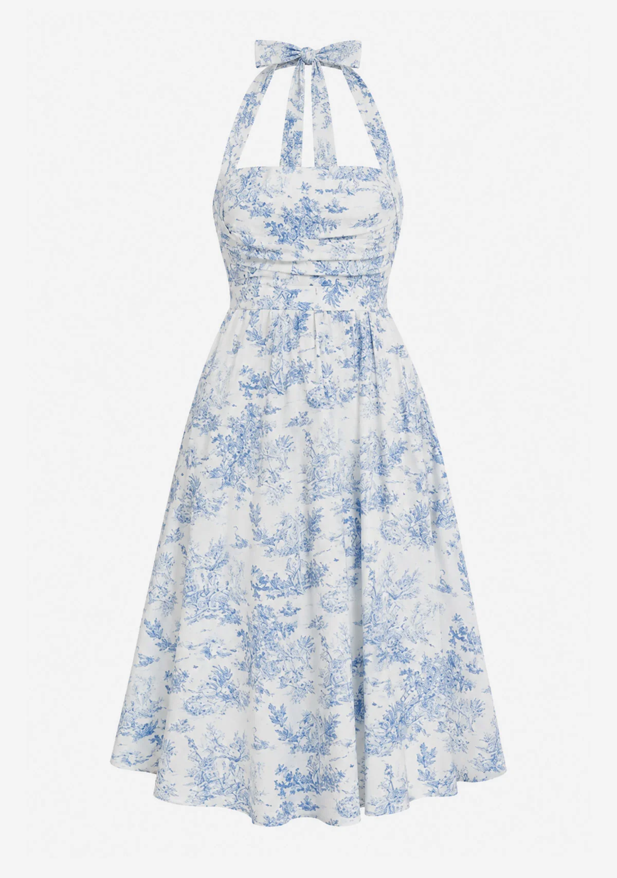 Halter Tie Back Chest Elastic Back Waisted Midi Dress White/Navy