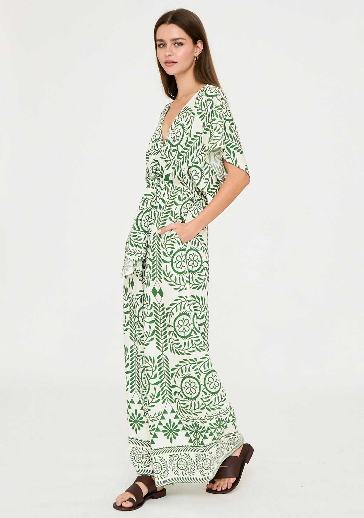 Kimono Sleeve Elastic Back Waisted Border Printed Jumpsuit Ivory/Green - Image 2
