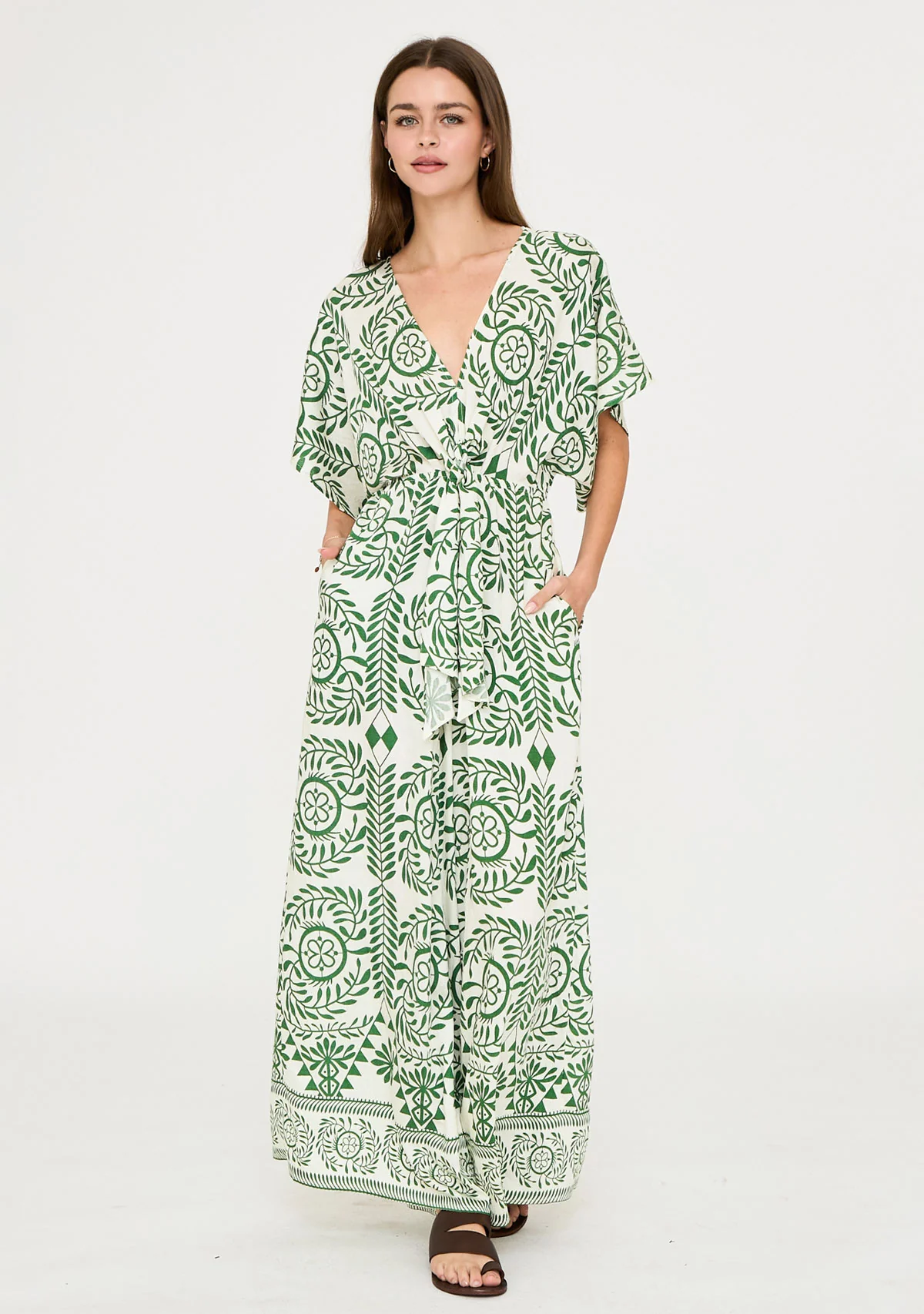Kimono Sleeve Elastic Back Waisted Border Printed Jumpsuit Ivory/Green - Image 3