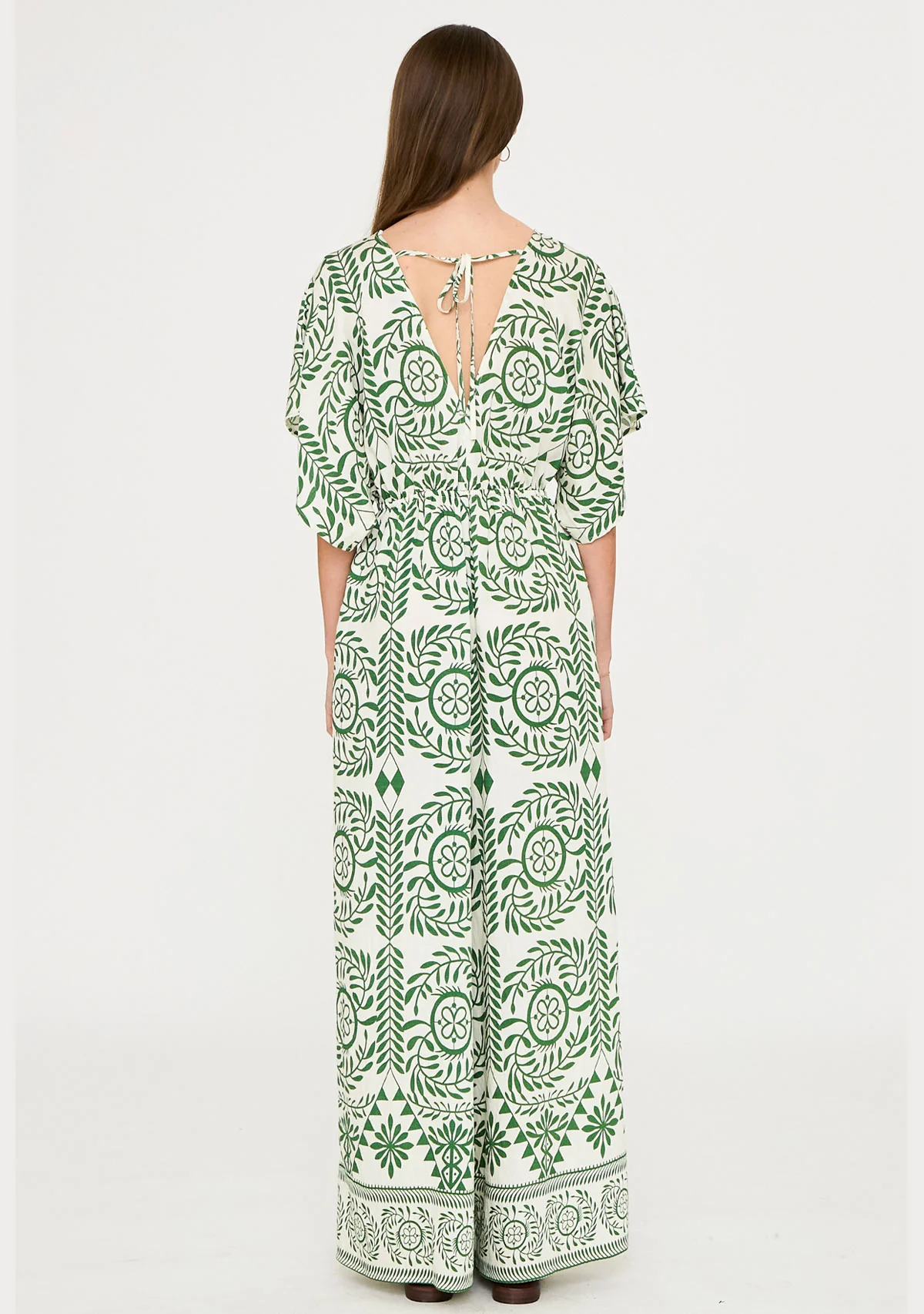 Kimono Sleeve Elastic Back Waisted Border Printed Jumpsuit Ivory/Green - Image 4