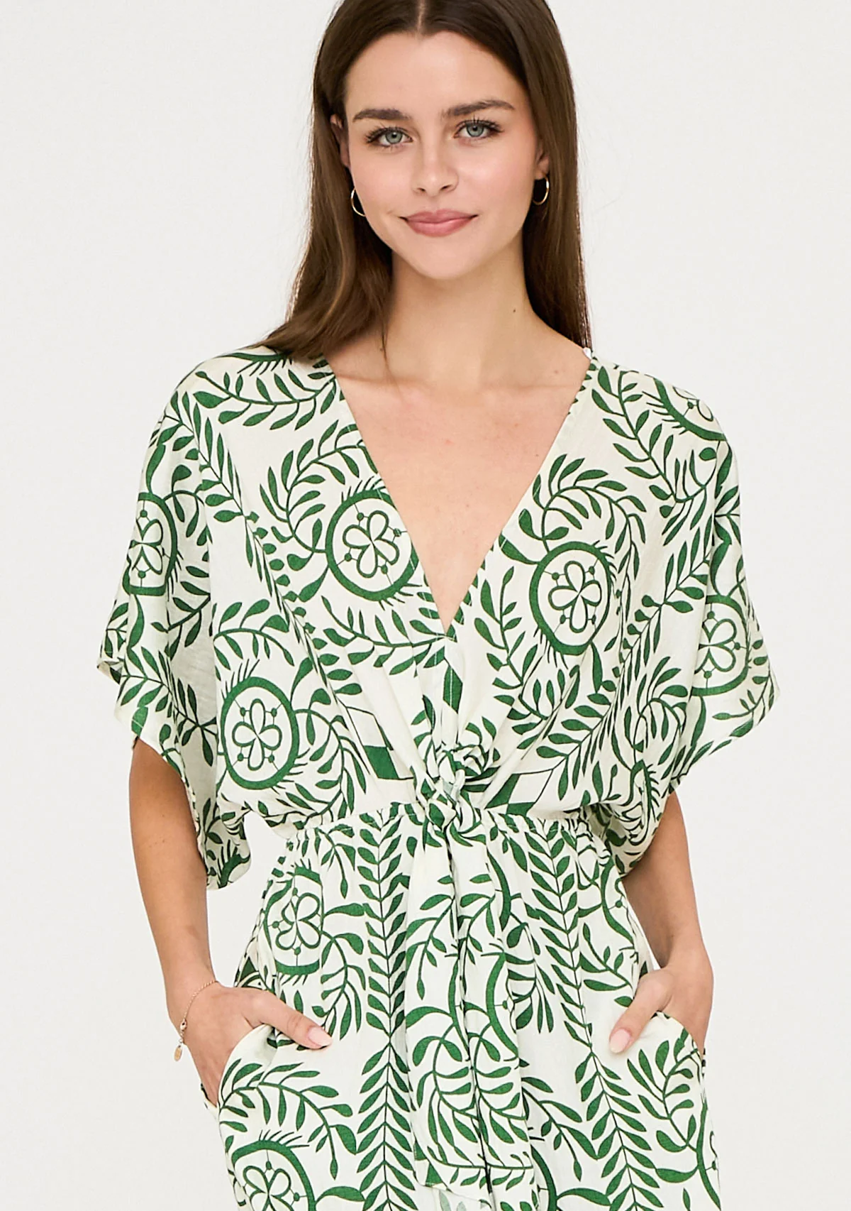 Kimono Sleeve Elastic Back Waisted Border Printed Jumpsuit Ivory/Green - Image 5