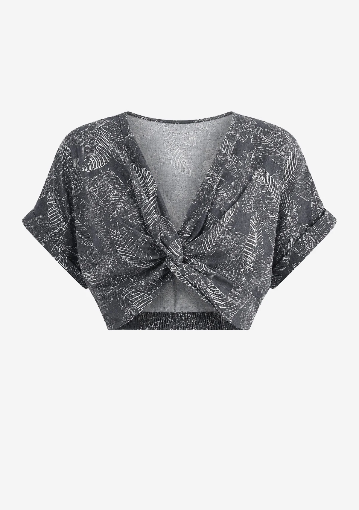 Leaf Print Faded Effect Twist Front Top Navy