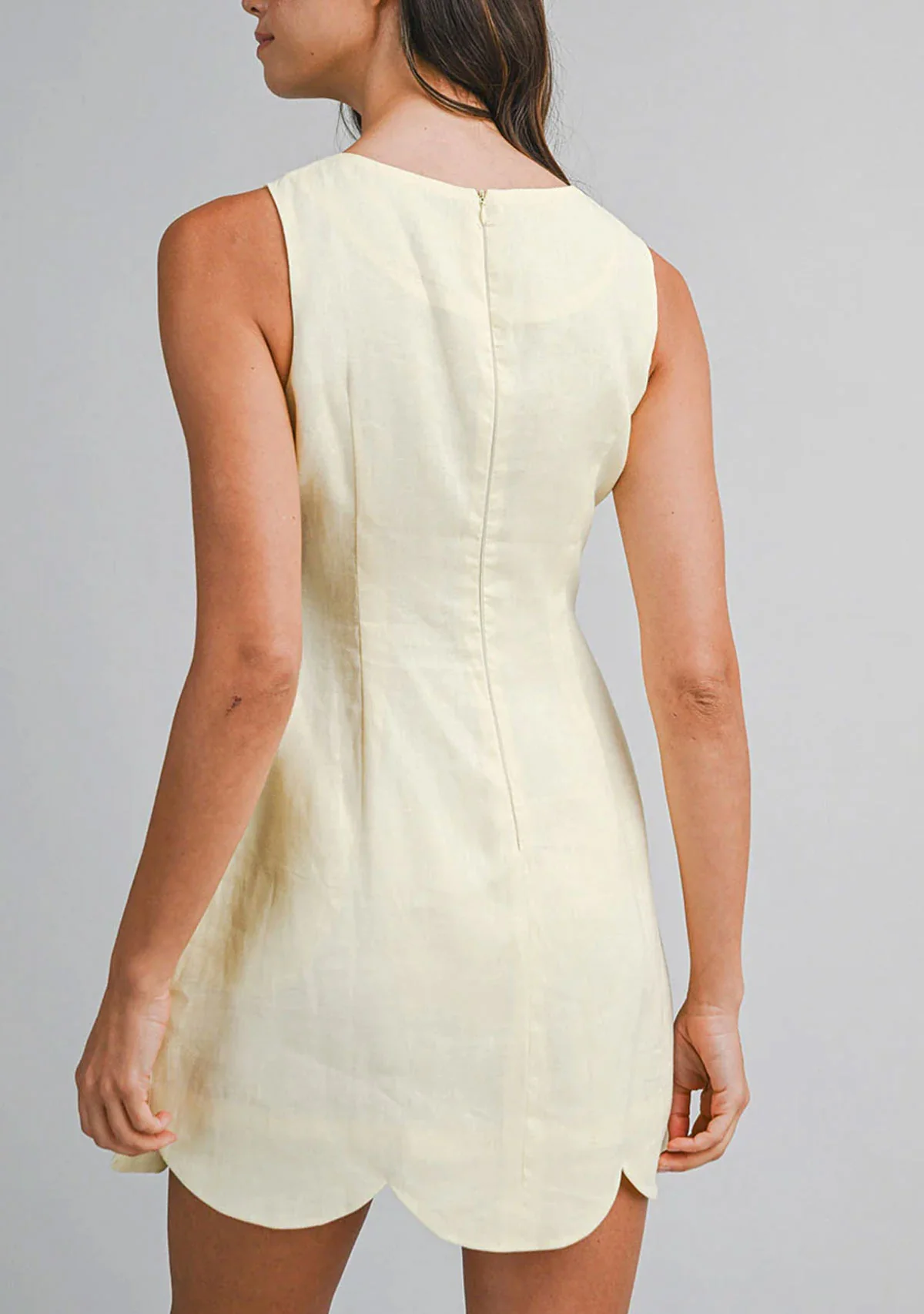Linen Scallop Hem Mini Dress Butter Yellow - Image 3