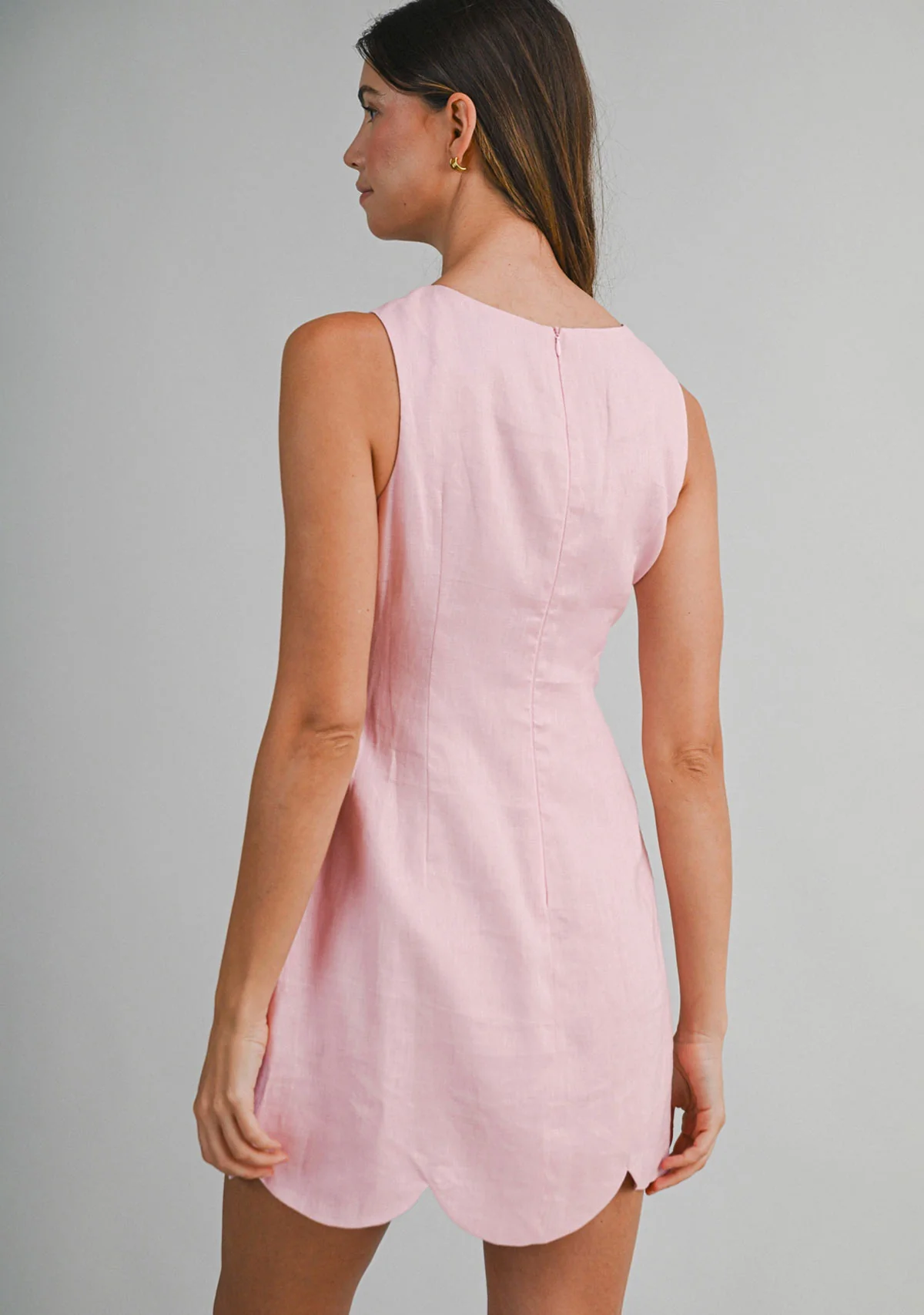 Linen Scallop Hem Mini Dress Pink - Image 4