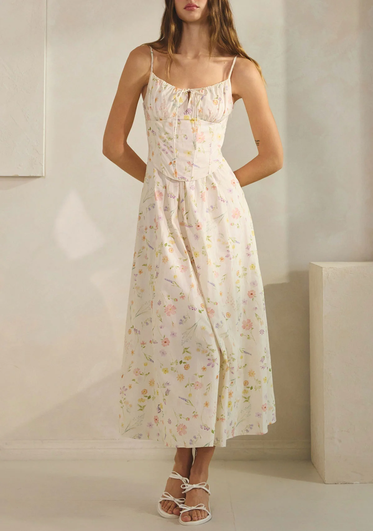 Magnolia Cotton Corset Boning Maxi Dress Cream Floral - Image 2