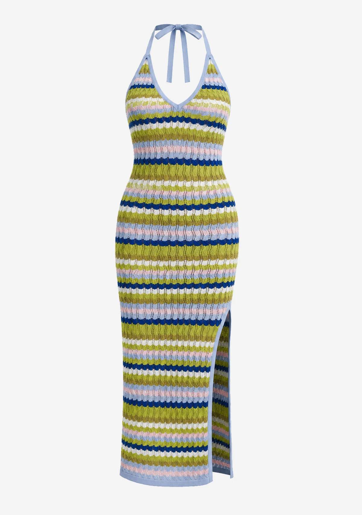 Multi Wavy Stripe Halter Neck Knit Maxi Dress