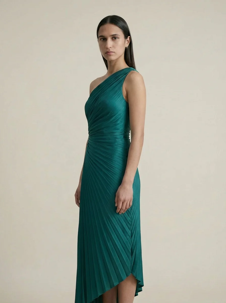 Olympia Asymmetrical Pleated Maxi Dress