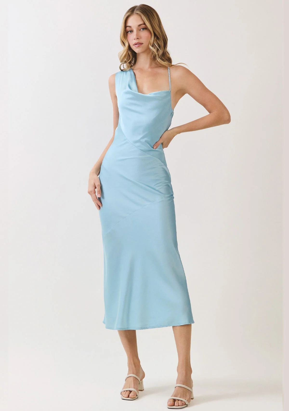 One-shoulder Draped Back Satin Dress Sky - Image 2