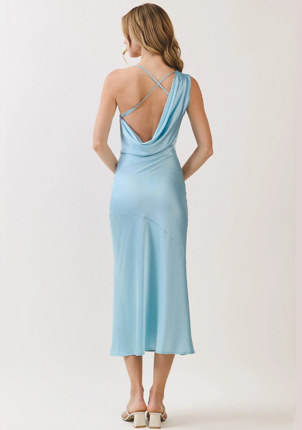 One-shoulder Draped Back Satin Dress Sky - Image 3