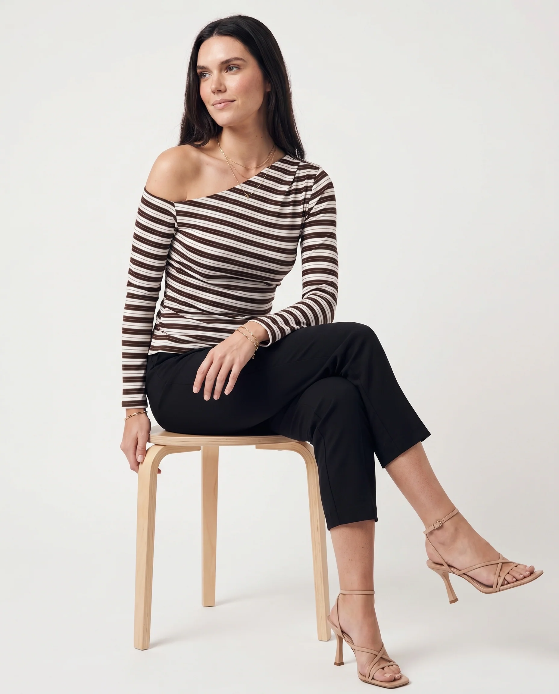 One Shoulder Striped Long Sleeve Sweater Black/White Stripes